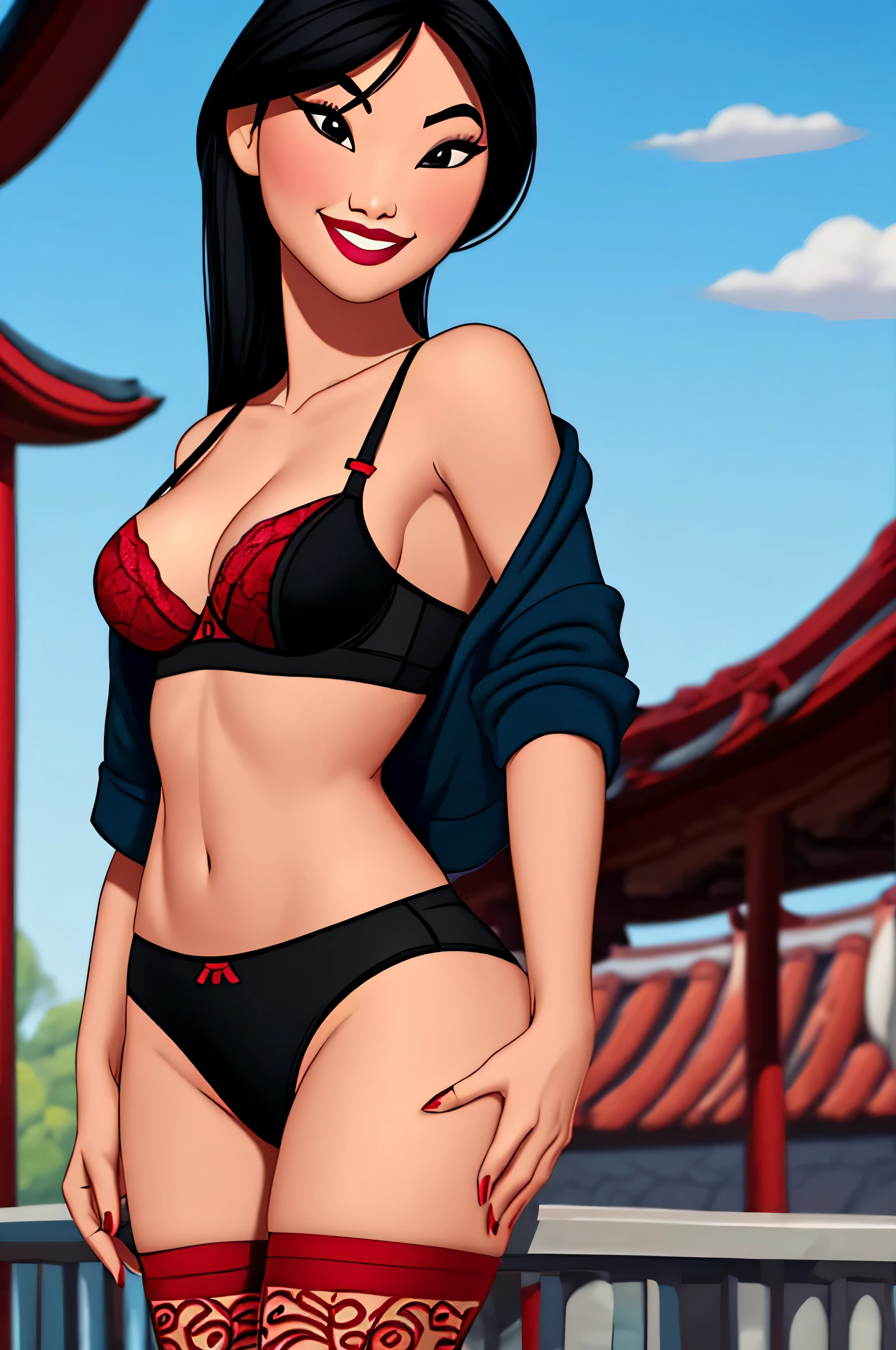 Mulan is a sexy hotwife, na frente de um fundo de filme mulan, (((maquiagem preta))), black tight bra, (((calcinha vermelha ))), (((meio sorriso))), (((Meias pretas))), detalhes intrincados, altamente detalhado, (ultra detalhado), hiperdetalhado, Ultra HD, (HDR), 8k, (((nfsw))), ((cabelo repetitivo)), (((repetir roupas))), detalhes intrincados, altamente detalhado, (ultra detalhado) detalhe do rosto, rosto perfeito, @mulan