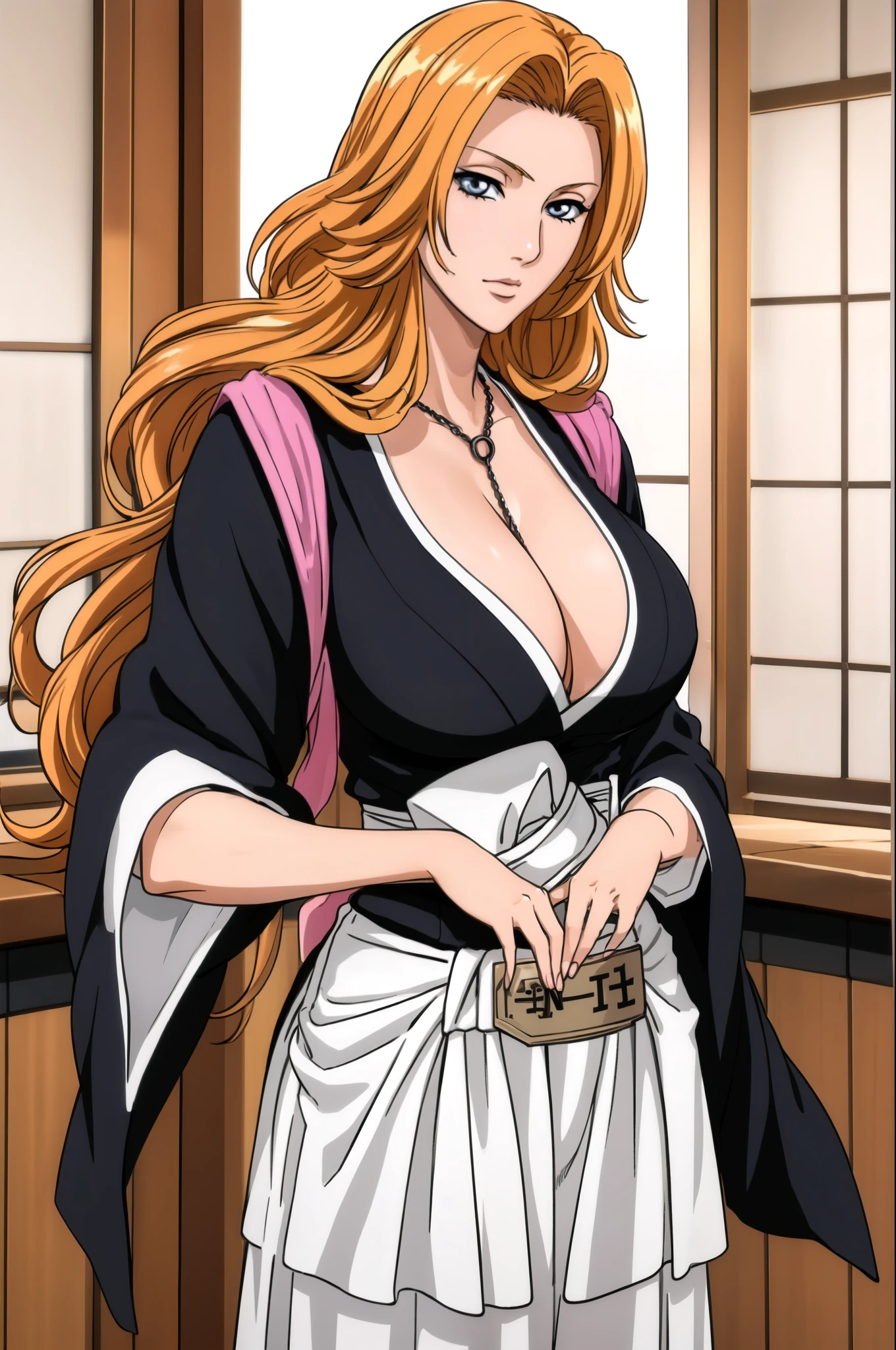 classroom Background,
 black shirt,kimono, japanese clothes, collarbone, cleavage, 
jewelry, necklace, 
blue eyes, Blonde hair,bangs,Long_hair,
1 girl, 20yo,Young female,Beautiful Finger,Beautiful long legs,Beautiful body,
Beautiful Nose,Beautiful character design, perfect eyes, perfect face,expressive eyes,perfect balance,
looking at viewer,(Focus on her face),closed mouth, (innocent_big_eyes:1.0),(Light_Smile:0.3),
official art,extremely detailed CG unity 8k wallpaper, perfect lighting,Colorful, Bright_Front_face_Lighting,White skin,
(masterpiece:1.0),(best_quality:1.0), ultra high res,4K,ultra-detailed,
photography, 8K, HDR, highres, absurdres:1.2, Kodak portra 400, film grain, blurry background, bokeh:1.2, lens flare, (vibrant_color:1.2),professional photograph,
(Beautiful,large_Breasts:1.4), (beautiful_face:1.5),(narrow_waist),