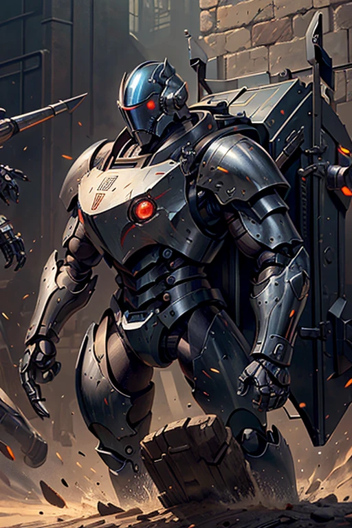 machine, automaton, military, heavy armor, one eye, monocular eye, one circular eye, robot, heavily armor, helmet, soldier, communist, solo, simple background, humanoid, Russian, tank, heavy gun, soviet, robot

