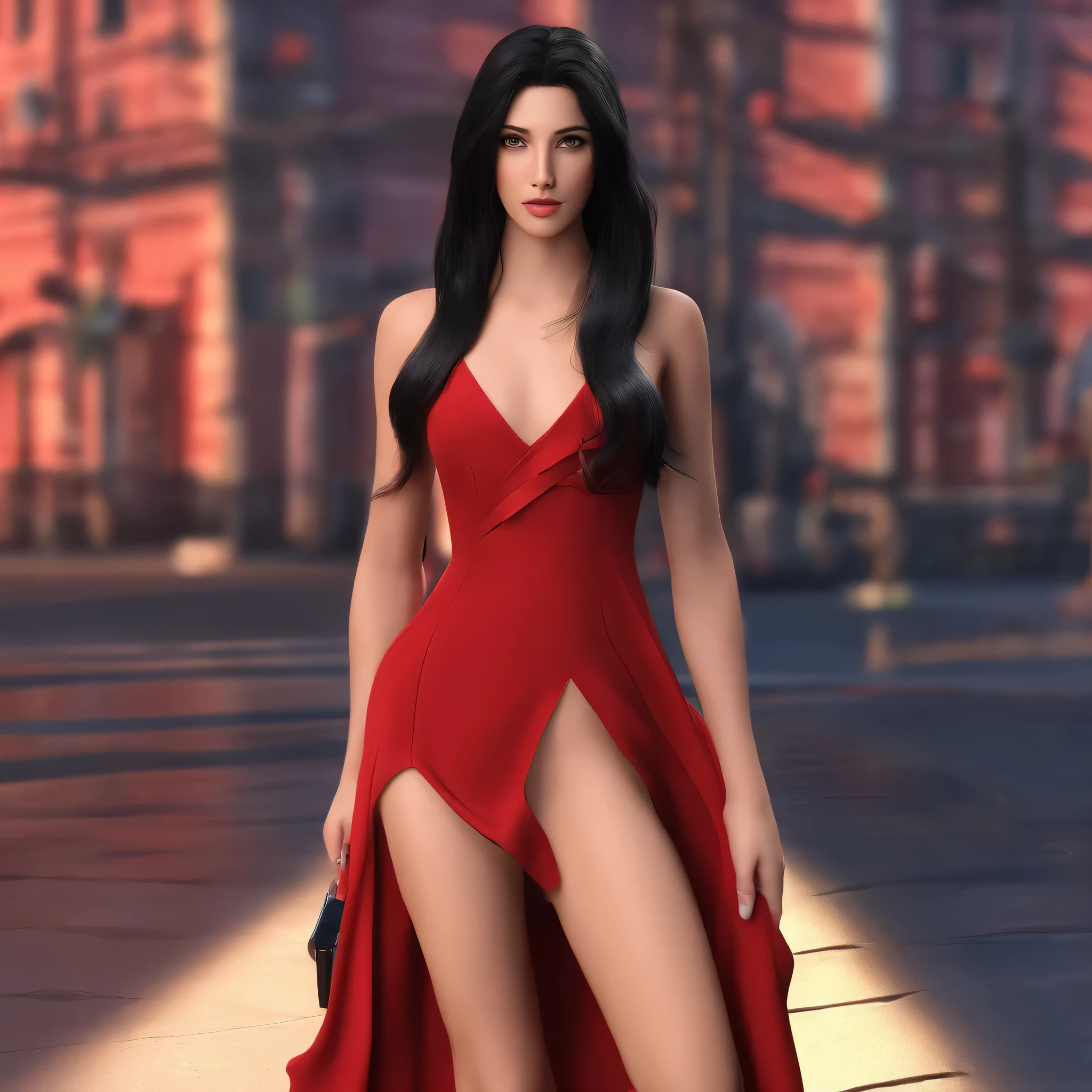 25 year old girl, long black hair flowing down in a very sexy red dress