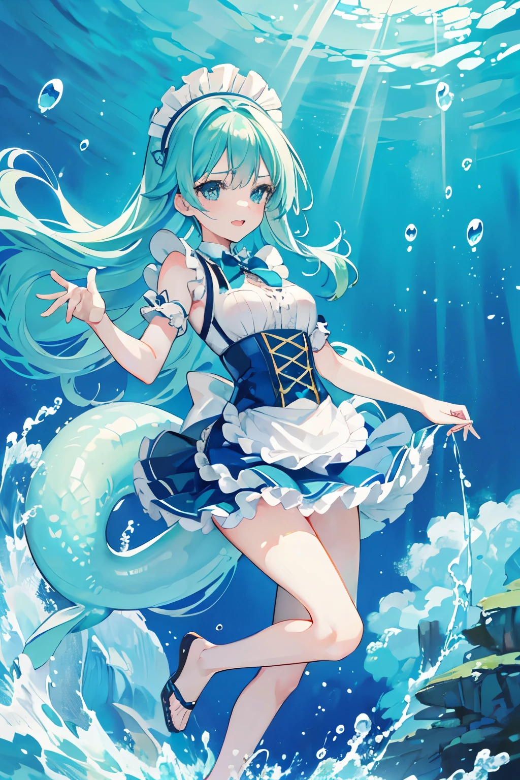 Mermaid, female (vivacious, energetic), ((bright blue-green tail)), long flowing aquamarine hair, aqua blue eyes, elegant, shiny (body), water sports (specialty), swimming (specialty), cheerful (personality), outgoing (personality), ((underwater entertainer)), ((maid))