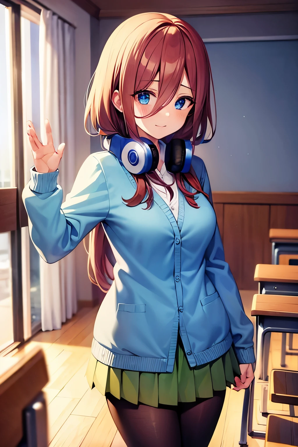 mikunakano, miku nakano, long hair, bangs, blue eyes, brown hair, shirt, hair between eyes, headphones, cardigan, headphones around neck,
BREAK skirt, shirt, long sleeves, white shirt, pantyhose, pleated skirt, black pantyhose, cardigan, green skirt, blue cardigan,
BREAK indoors, classroom,
BREAK looking at viewer, BREAK (masterpiece:1.2), best quality, high resolution, unity 8k wallpaper, (illustration:0.8), (beautiful detailed eyes:1.6), extremely detailed face, perfect lighting, extremely detailed CG, (perfect hands, perfect anatomy),