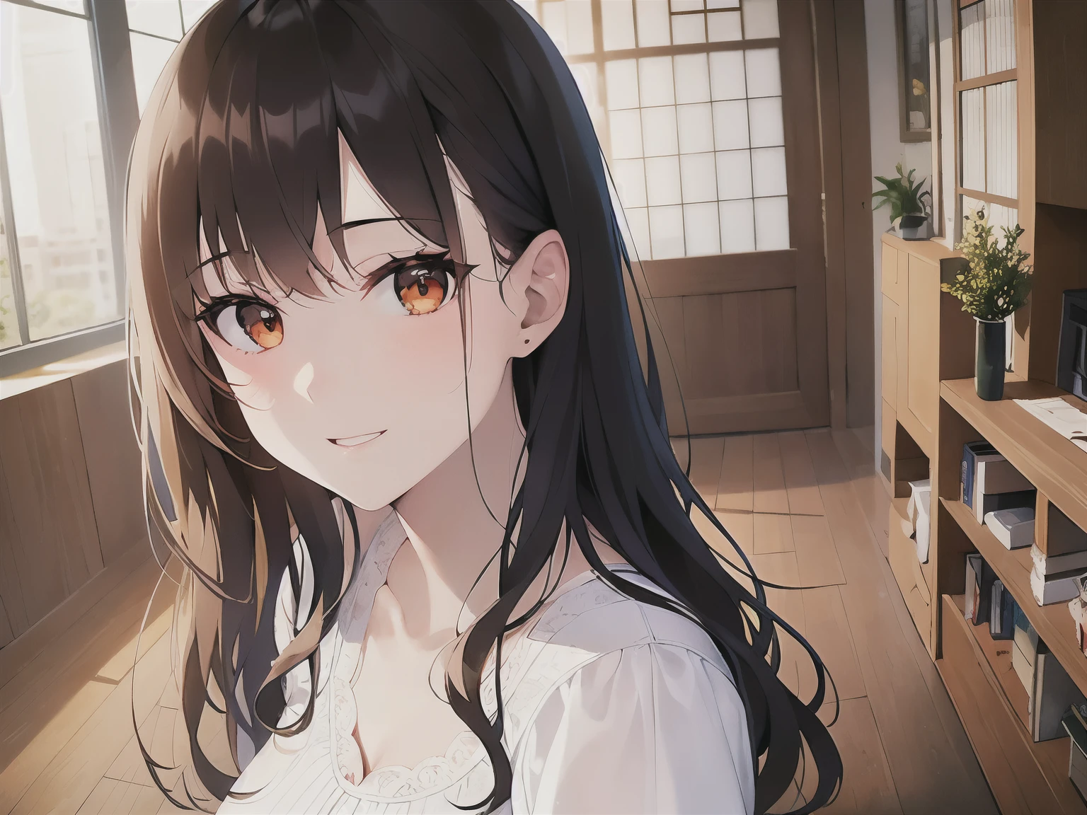lookin up、Upper Body, Realistic, real person, (pale skin: 1.2), RAW shiny skin, japanese idol、shiny hair、(25 year old woman with medium hair with bangs) and (wavy hair) and (brown hair) and (orange eyes) , (white) and (off shoulder blouse) 、embarrassed、smile, The background is the living room、Alone、Are standing
