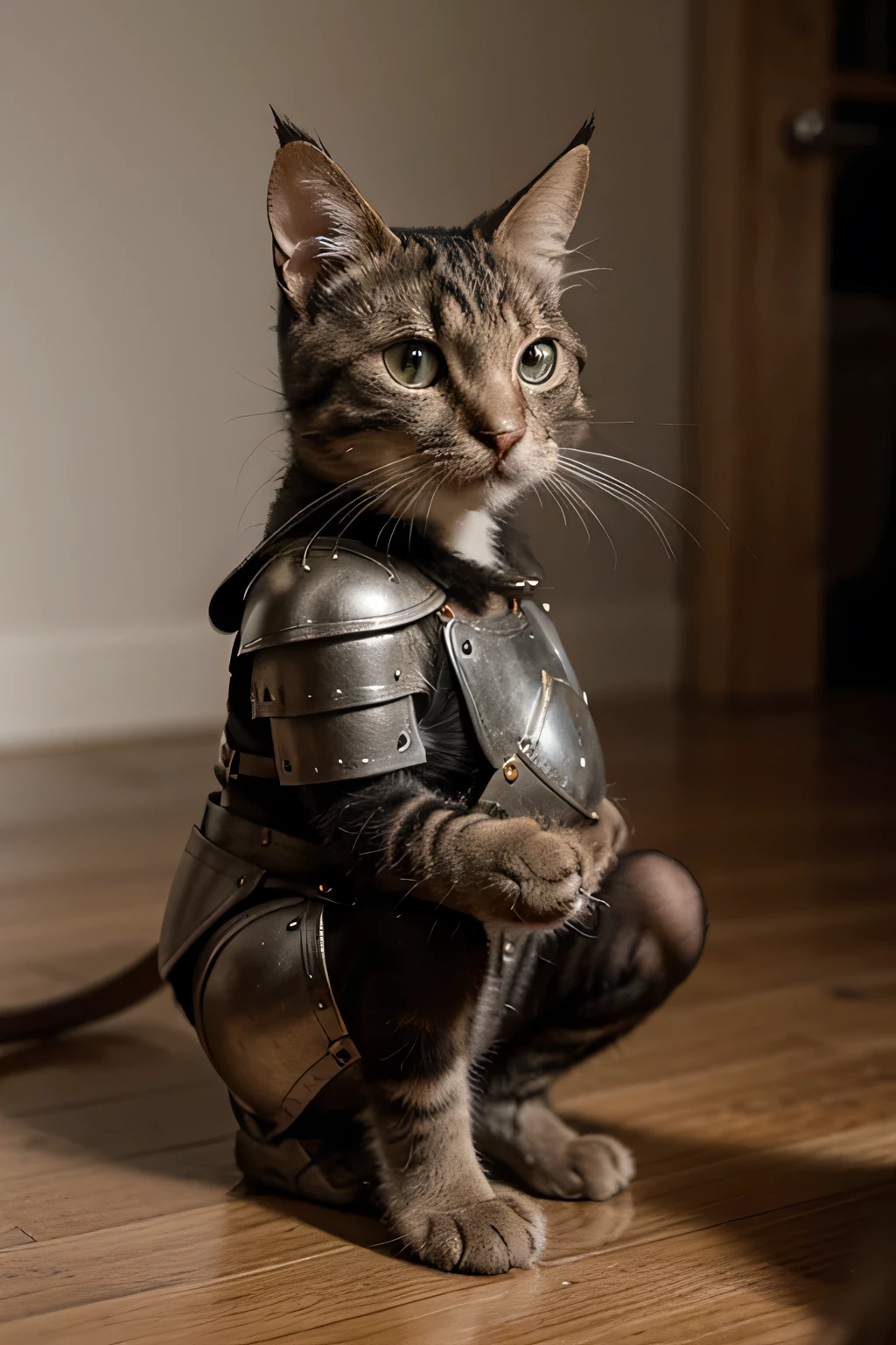 A cat dressed as Super Mario looks at a mouse wearing armor