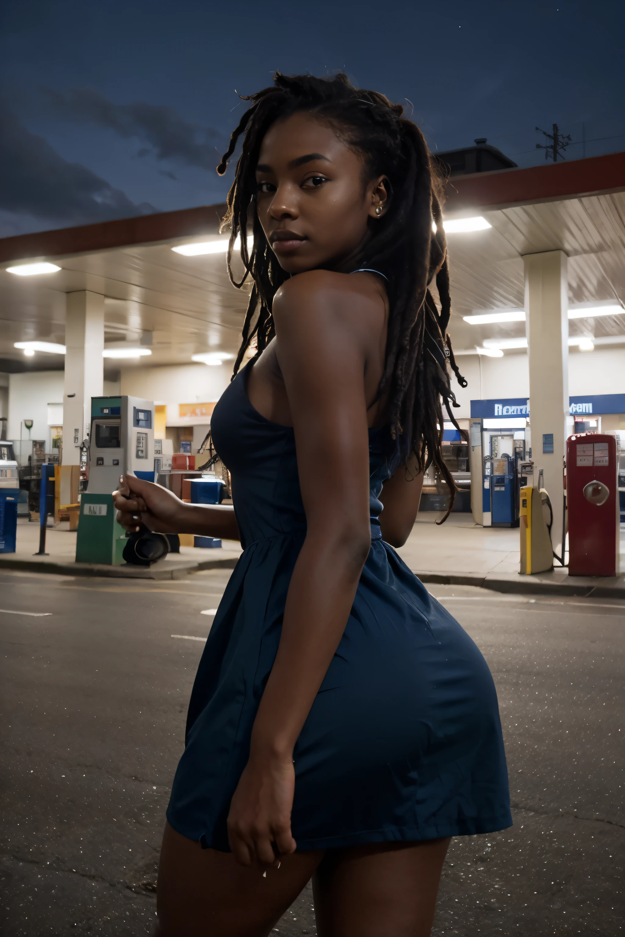 (Beautiful ebony african girl, dreads hair, dark black skin, modern gas station, lights, night, sexy blue dress