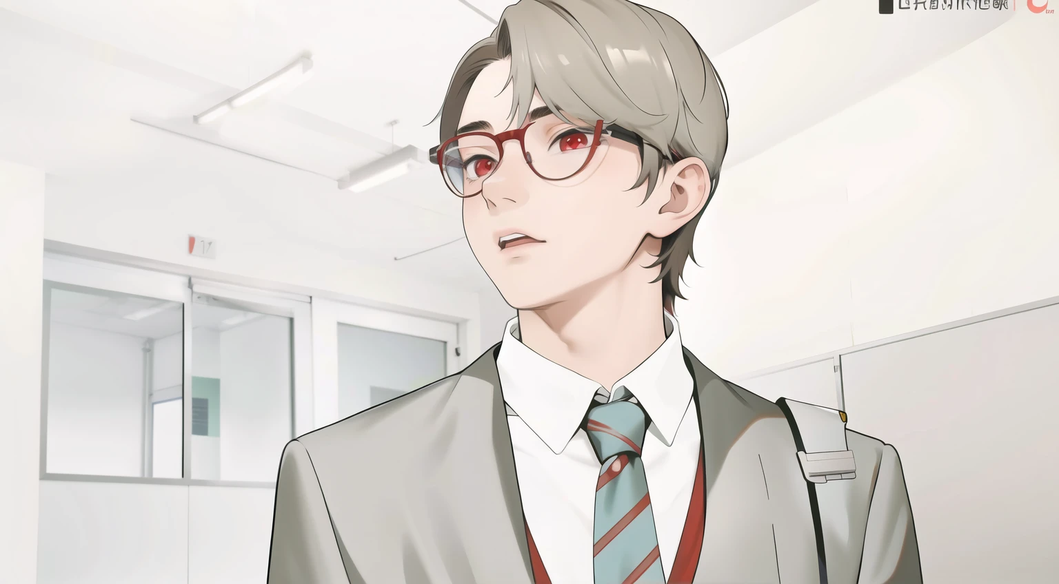 There is a cute 17-year-old boy with red eyes and hair, he is focused, looking at someone, he is in the school hallway.