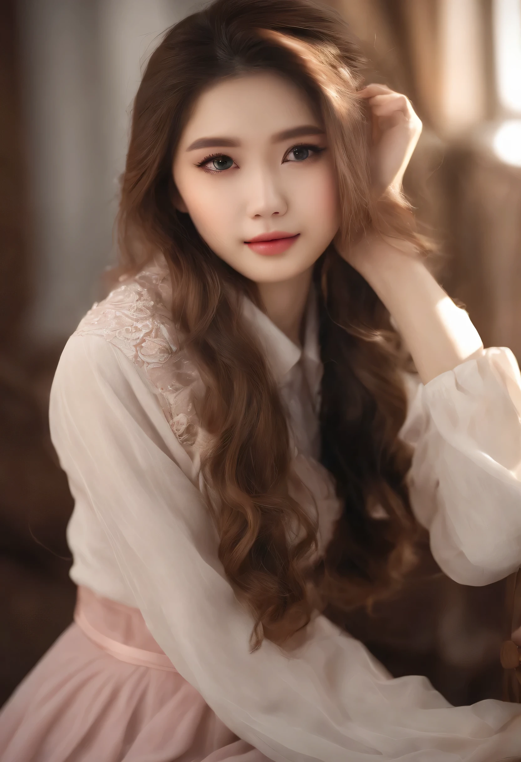 ((( sisters)))full body "(best quality,highres),(realistic))"16 yple (high quality,4k,8k,highres,masterpiece:1.2),beautiful detailed eyes,beautiful detailed lips,long hair,uniform, (((16 years old )),h long hair in casual dress sitting on a studio , gesture,Mare hair,professional,vibrant colors,soft lighting,subtle shadows,messy bun, Mare hair light breeze,stunning graceful posture,confident expressions,expressive eyes,curvy eyelashes,subtle blushing,sparkling highlights,sharp details,soft skin,precise shading,luminous atmosphere,dynamic composition,sublime artwork, small round eyes, Chinese teen, glossy pink lips, allu cute smile, k pop looks, full body complete anatomy