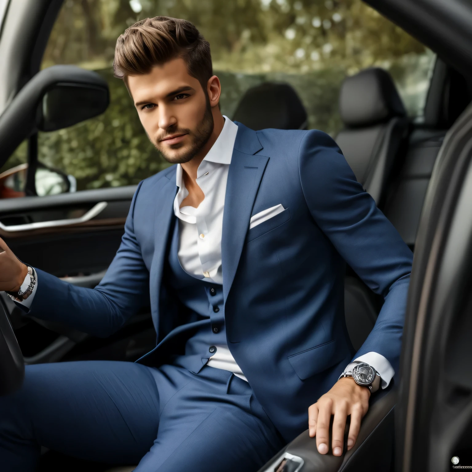 Meisterwerk, 1 gutaussehender Mann, Green eyes, top quality, 8K, high resolution, Realism: 1.4, filmische Beleuchtung, European, Super masculine, muscular body, Body sits in the driver's seat, (Ein hyperrealistischer), (high resolution), (8K), (sehr detailliert), (beautifully detailed eyes), (ultra-detailliert), (Wand-), (natural smile) , Ein detailliertes Gesicht, Studiobeleuchtung, Professionelle Beleuchtung, Blick auf die Aussicht, sit one foot in front of the door, (The costume is a blue suit), moderner Haarschnitt, 5 Tage Schatten, Ich sitze in einem schwarzen BMW, braune Haare, age25, Large,