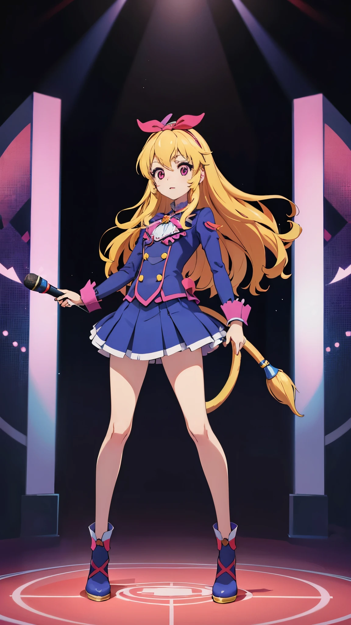 aikatsu,2 girls,in senki zesshou symphogear style, Maria Cadenzavna Eve , Blonde long hair, cat hair, ,black and pink battle suit,BREAK, ,Kazanari Tsubasa, bright blue hair,long hair,side tails, ,white and Blue battle suit,flat chest,ultra-definition, high resolution, ultra-detail CG,caustics,full body,long shot, Live stage, in front of super large vision, singing, stand microphone ,