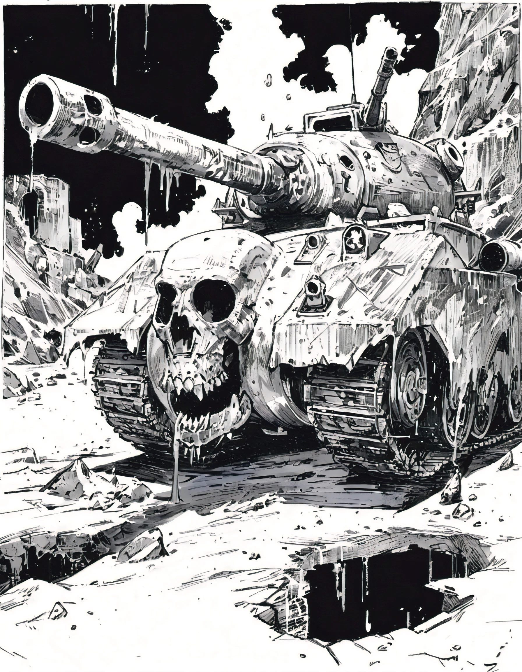 (best quality, masterpiece:1.2), alphonse mucha style, pushead style, Richard Corben style, a tank where you can look into the cannon, front view, black and white painting, colorbook style