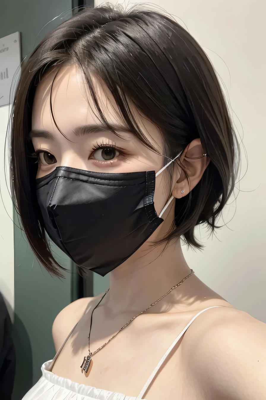 8K, highest quality, masterpiece, ultra high resolution, (realistic: 1.4), Raw photo, realistic skin texture, (film grain: 1.3), 1 girl, Beautifully detailed eyes and face, masterpiece, highest quality, Upper body, japanese idol, Fair skin, mask, natural blurred background, close, Other shots, big, front photo, hide your face on your phone, Face covered, Wearing a mask, black hair、hairstyle shortcut、necklace around neck、