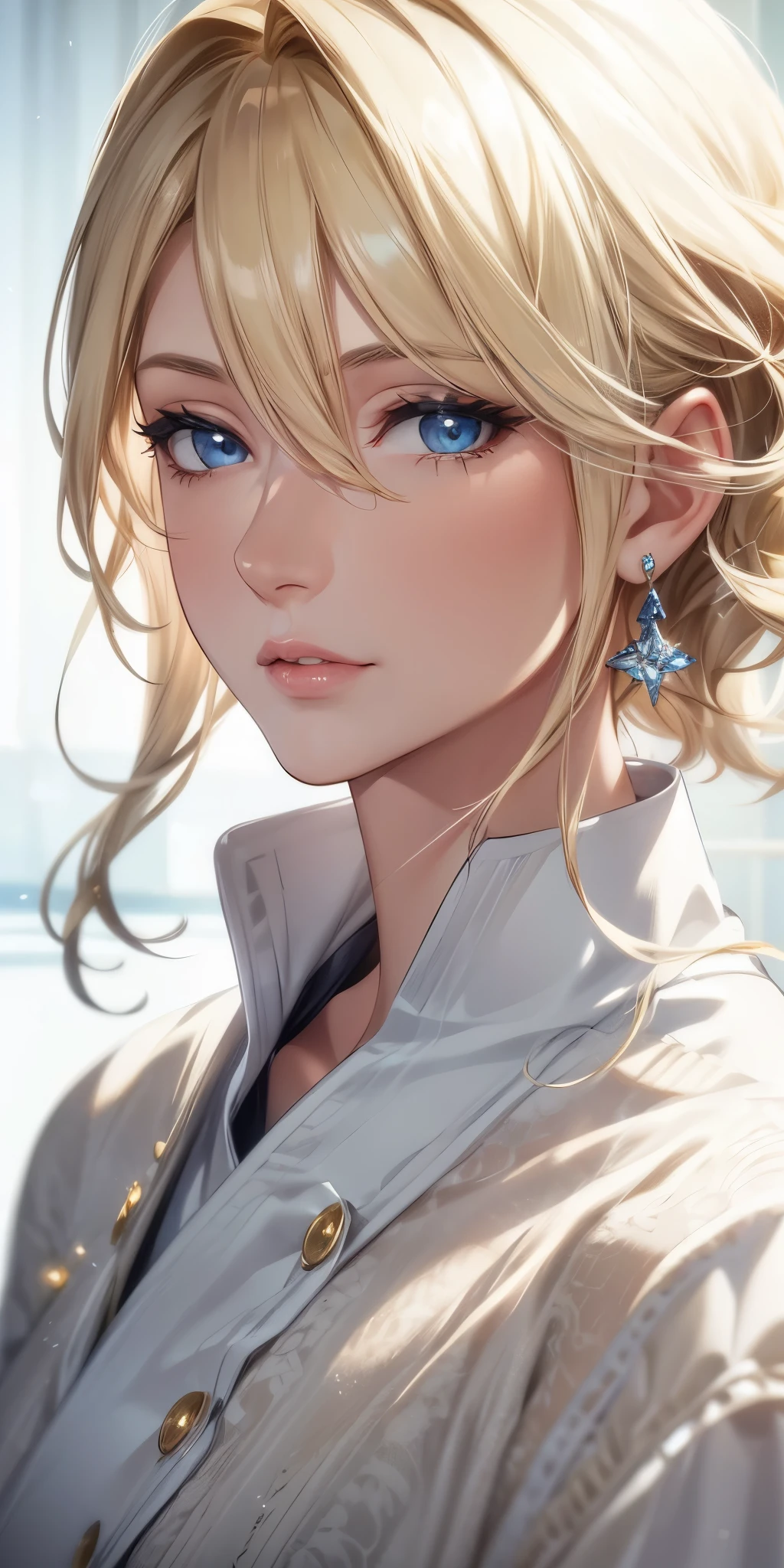 portrait, elegant mature woman, blue eyes, brown blonde hair, swept-side bang, big breast, 4k resolution, high quality cg, beautiful cg, soft light
