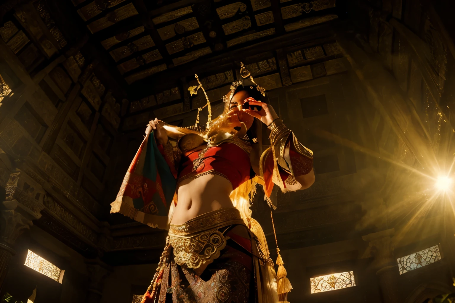 (Best quality, 8k, 32k, Masterpiece, UHD:1.2) , "Transform the image into a magnificent Middle Eastern palace adorned with opulent decorations, intricate carvings, and vibrant colors. Draw inspiration from the grandeur and elegance of the Desert Palace of Sumeru from Genshin Impact to create a scene filled with splendor and wonder.
Start by depicting the exterior of the palace, showcasing its majestic architecture and imposing presence. Render the walls and domes of the palace with intricate designs and patterns, reflecting the rich cultural heritage of the region. Incorporate elements of traditional Middle Eastern architecture, such as arched doorways, ornate columns, and intricately tiled facades.
Fill the surroundings with lush vegetation and exotic flora, adding to the oasis-like atmosphere of the palace grounds. Include towering palm trees, blooming gardens, and cascading fountains to create a sense of tranquility and abundance.
Illuminate the scene with warm sunlight streaming through the windows and casting soft shadows on the palace walls. Use dynamic lighting to accentuate the intricate details of the architecture and enhance the overall visual impact of the scene.
Envision the interior of the palace as a sumptuous sanctuary filled with luxurious furnishings, precious artifacts, and exquisite works of art. Render ornate carpets, gilded furnishings, and elaborate tapestries to convey the opulence of the palace's interiors.
Include elements of magical realism to evoke the mystical allure of the Desert Palace of Sumeru. Incorporate subtle hints of ancient mysticism and arcane symbols, hinting at the palace's connection to the elemental forces of the desert.
Finally, infuse the scene with a sense of wonder and majesty, capturing the imagination of the viewer and transporting them to a realm of fantasy and enchantment. Let the beauty and grandeur of the Middle Eastern palace inspire awe and admiration, inviting viewers to explore its rich history and hidde