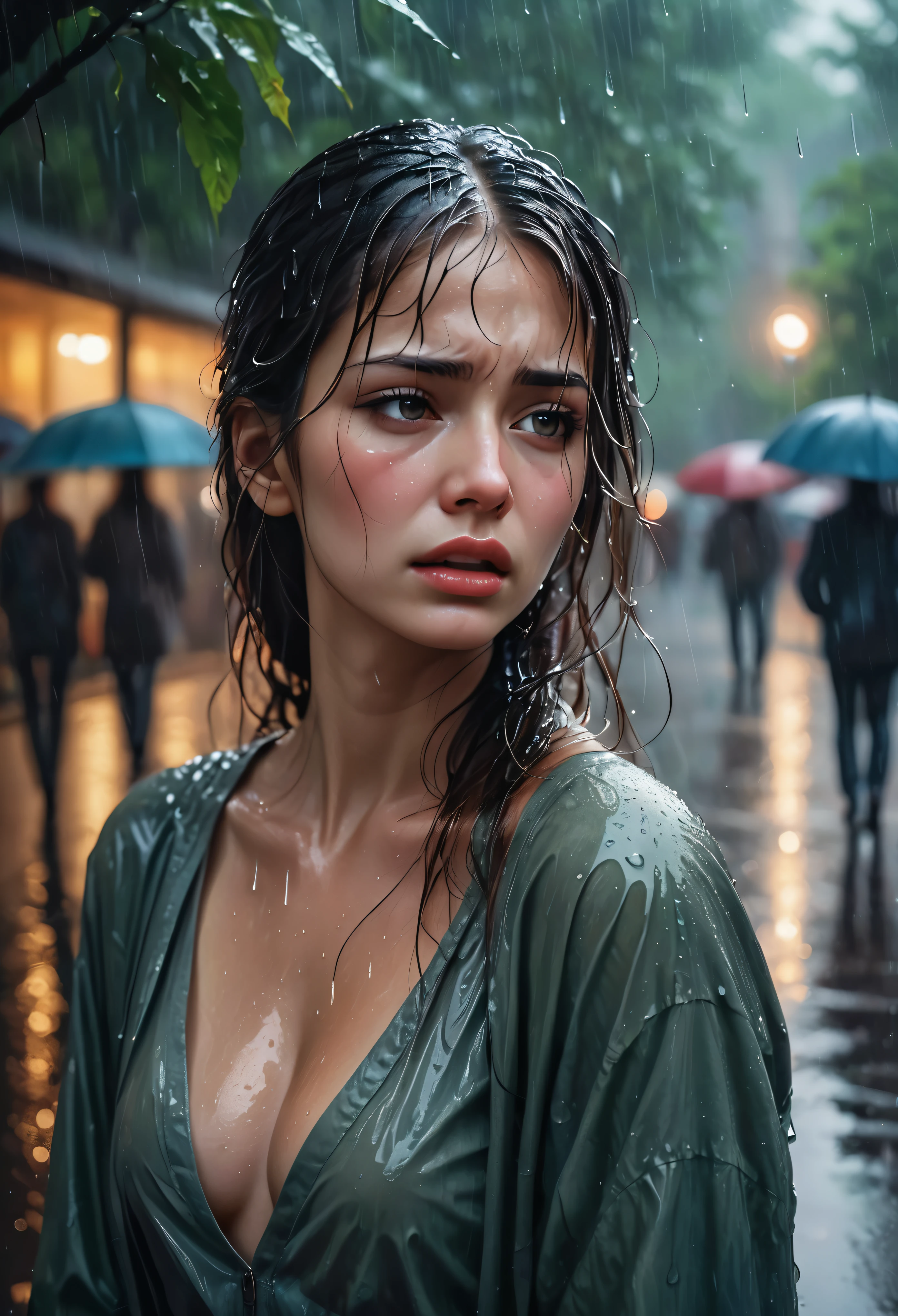 (Masterpiece in maximum 16K resolution:1.6), (intricate detail:1.4), (extremely insane detail:1.4),(highest quality:1.3),(Hyper_realistic:1.3). |beautiful crying supermodel in park,deep emotions,tears streaming down her face,soft raindrops,fresh greenery,glistening wet pavement,expressive eyes,pensive expression,sadness,delicate features,long flowing hair,wet clothes,ethereal atmosphere,misty atmosphere,moody lighting,dramatic composition,subtle shadows,emotionally charged,melancholic atmosphere,vibrant colors,subdued color palette,rainy day aesthetic,raw beauty,poignant moment,captivating composition,pain and vulnerability,contrast of beauty and sadness,raindrops tracing her eyelashes and cheeks,loneliness in the crowd,turning point in her life,persistent hope in her eyes. | ((She is crying):1.3),((perfect_pose):1.5), ((perfect_fingers, better_hands, perfect_hands, perfect_legs):0.7), (((More_Detail))).