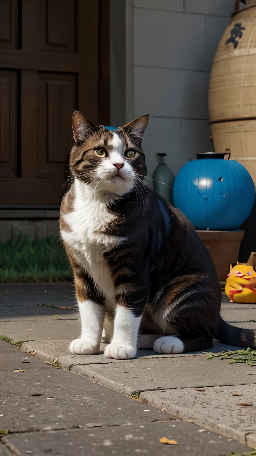 there is a cat sitting on the ground eating food, paul lung, chonker cat, fat cat superhero, fat cat, garfield the cat, new cats movie, realistic cgi, amazing cgi, pixar renderman render, a hyper realistic, hyperrealistic cgi, hyper-realistic, hyper - realistic, ( ultra realistic, pixar renderman, hyper - realistic render