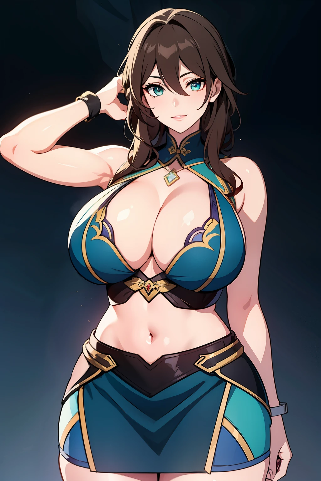 An anime-style artwork depicting ruan mei from the game Honkai star rail.
Tags: ruan mei, anime, detailed eyes, detailed lips, crop top, turtleneck, pencil skirt, smiling expression, intense gaze, glowing emblem on hand, dynamic pose, mystical background, vibrant colors, digital art, high-resolution, professional quality, gigantic breasts, underboob, curvy, cowboy shot, gigantic breasts, green eyes, (light brown hair)