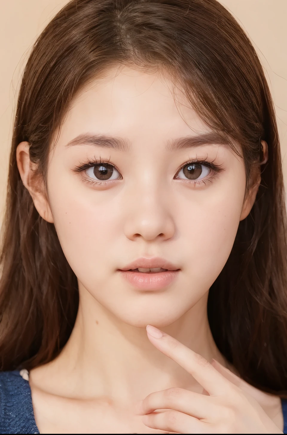 un primer plano de Jang Wonyoung , Sweet girl, woman with wavy brown hair light brown eyes, labios rojos, vestido verde tierno