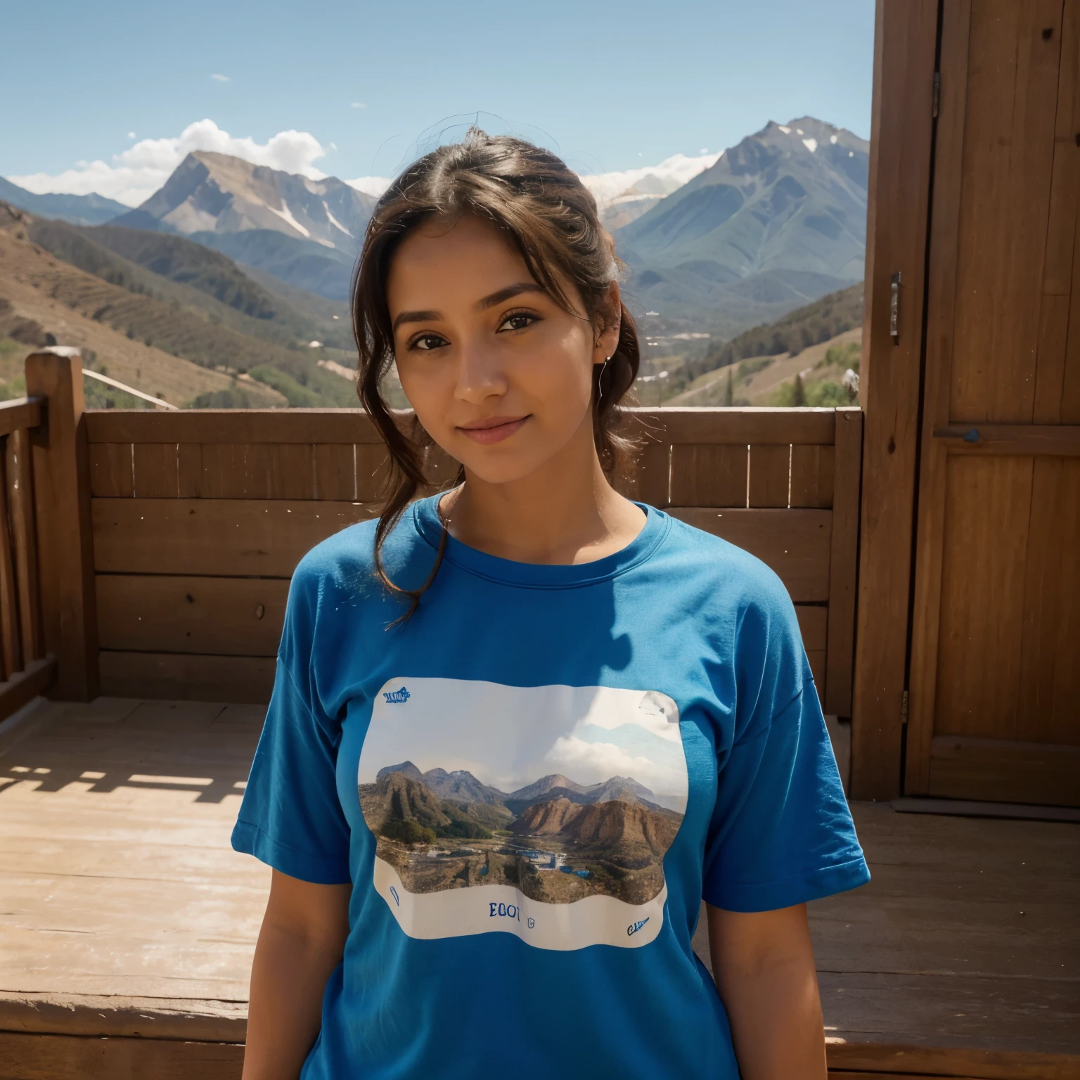 Photograph of a 30-year-old woman, camiseta azul rota, piel sonrojada, morena, pelo cortopor los hombros, con felpa, ojos grandes, alegre,mirada al frente, girandonse, en ropa interior, in mountain background