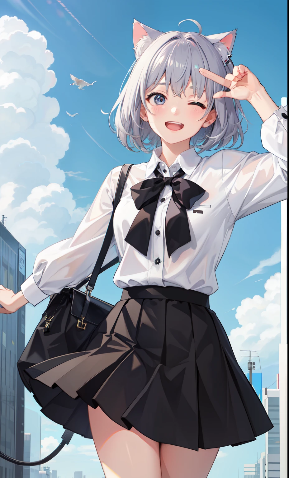 1 girl、laughter、shirt、blouse、skirt、()I play、movement、(gray hair)、Cat ear、