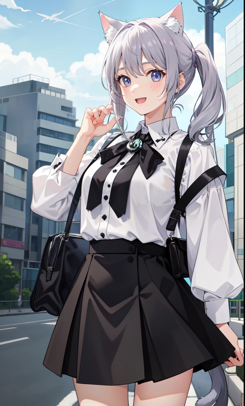 1 girl、laughter、shirt、blouse、skirt、（）I play、movement、（gray hair）、Cat ear、