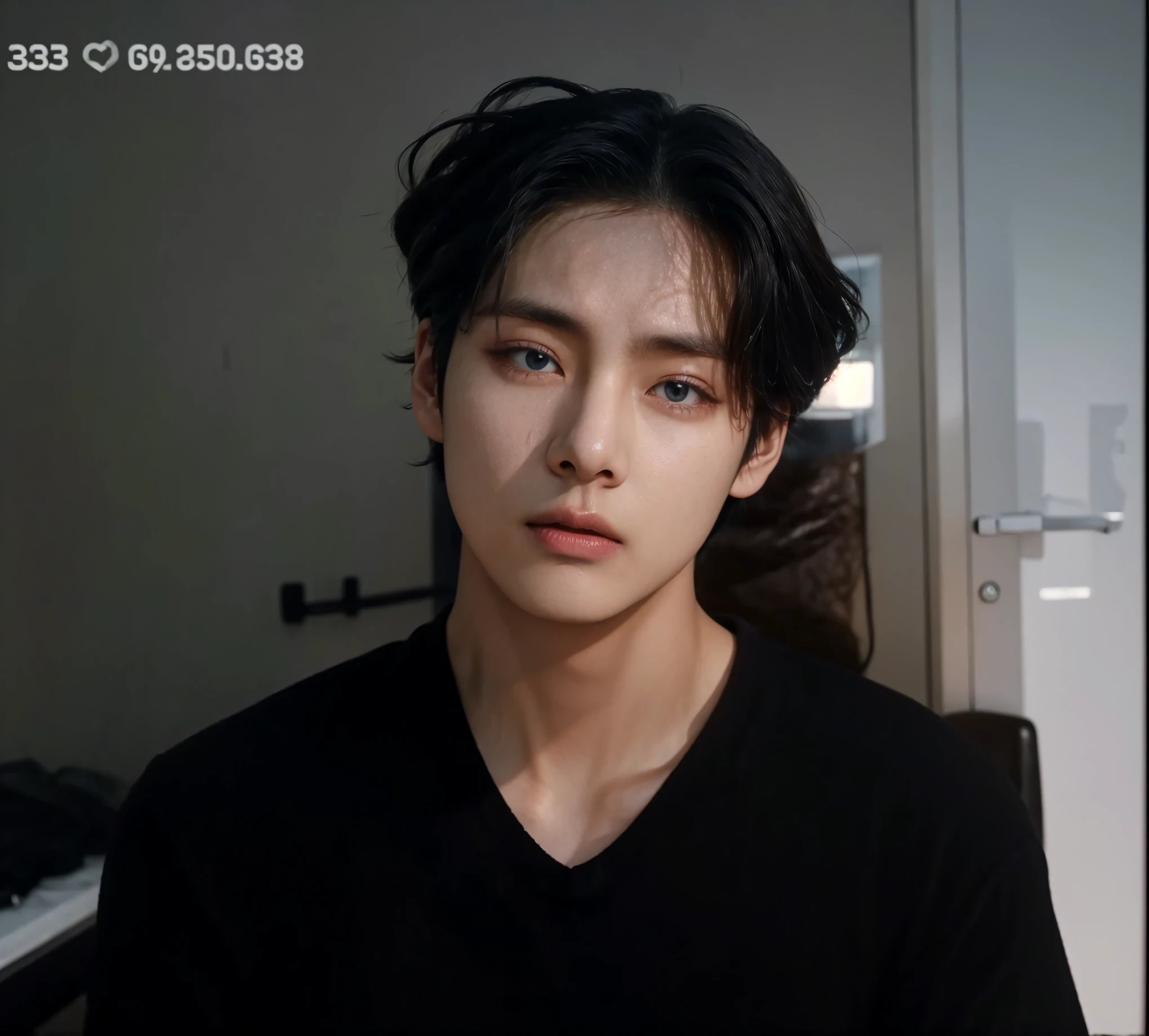Kim Taehyung from BTS face, small and serious eyes, beautiful lips, cabelos escuros. Improving quality, Ultra-HD 