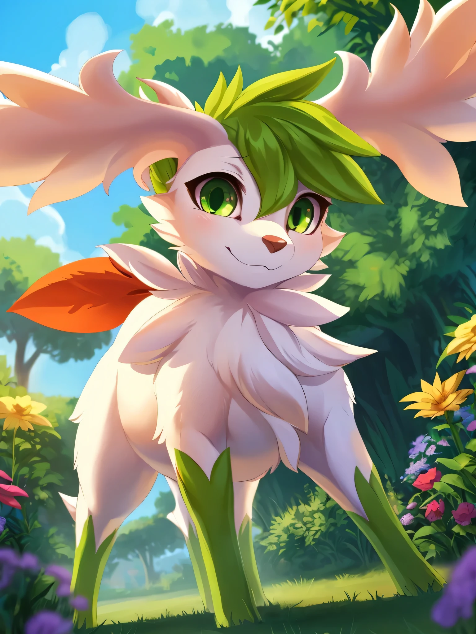 by Issac Levitan, by Rumiko Takahashi, by Ephraim Moses Lilien, by Hioshiru, by Glacierclear, solo chibi, (quadruped feral:1.4), female, ((shaymin sky)) with ((white body)) and ((clear orange green eyes)), (detailed shaymin sky), ((detailed fluffy fur)), (three-quarter portrait, looking at viewer, three-quarter view, [low-angle view]:1.2), BREAK, (detailed background, depth of field, half body shadow, ambient light on the body), (intricate:0.7), (high detail:1.2), (unreal engine:1.3), (soft focus:1.1), [explicit content, questionable content], (masterpiece, best quality, 4k, 2k, shaded, absurd res), portrait, sunny day, clear sky, in flower garden