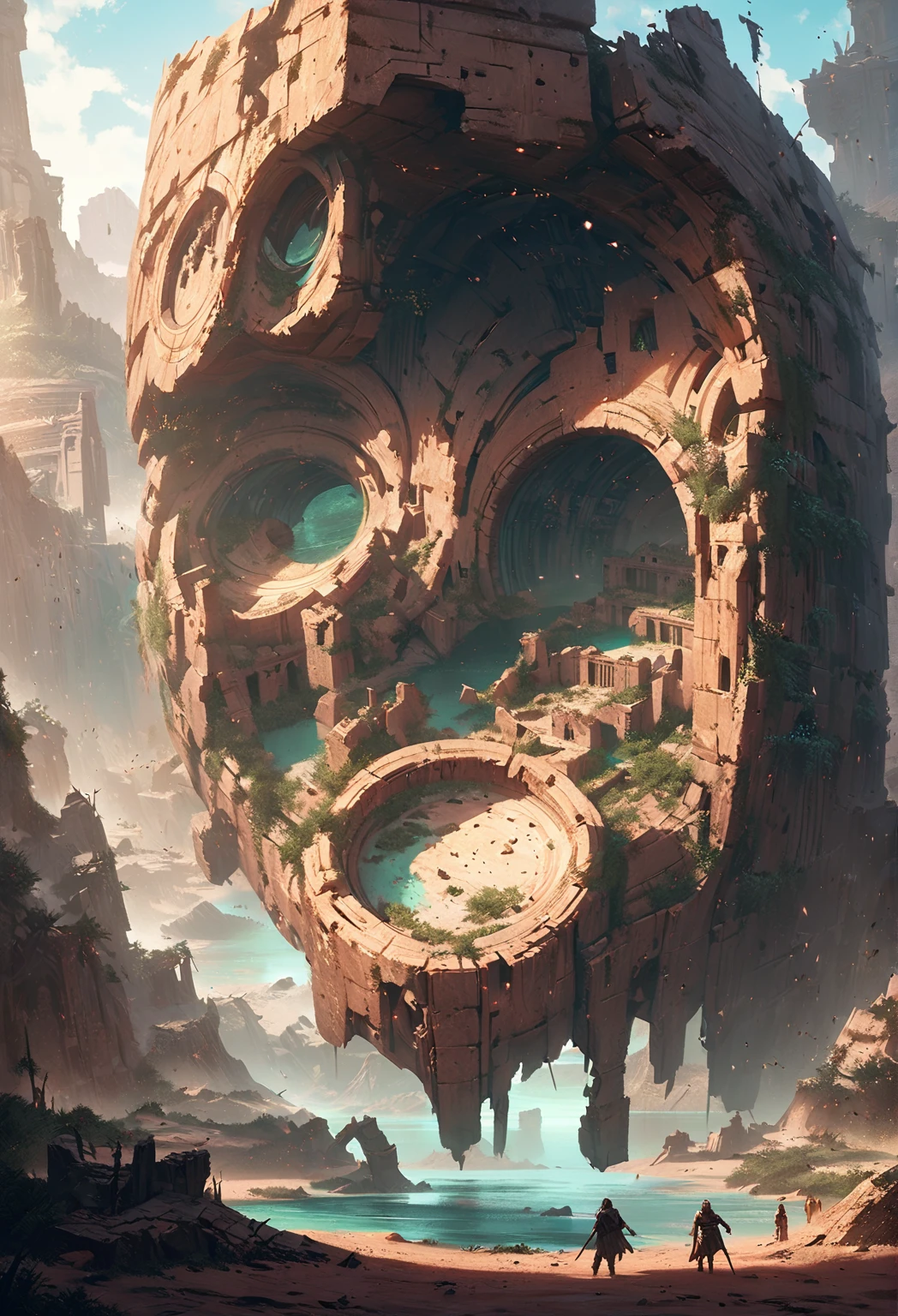 painting of a desert scene with a ruined temple in the distance, ruins landscape, neon ancient ruins, dark ruins landscape, ruins on the background, ancient ruins, background is the ruins, inspired by Andreas Rocha, ancient ruins background, inspired by sylvain sarrailh, epic fantasy sci fi illustration, andreas rocha style, ruined temple, temple ruins