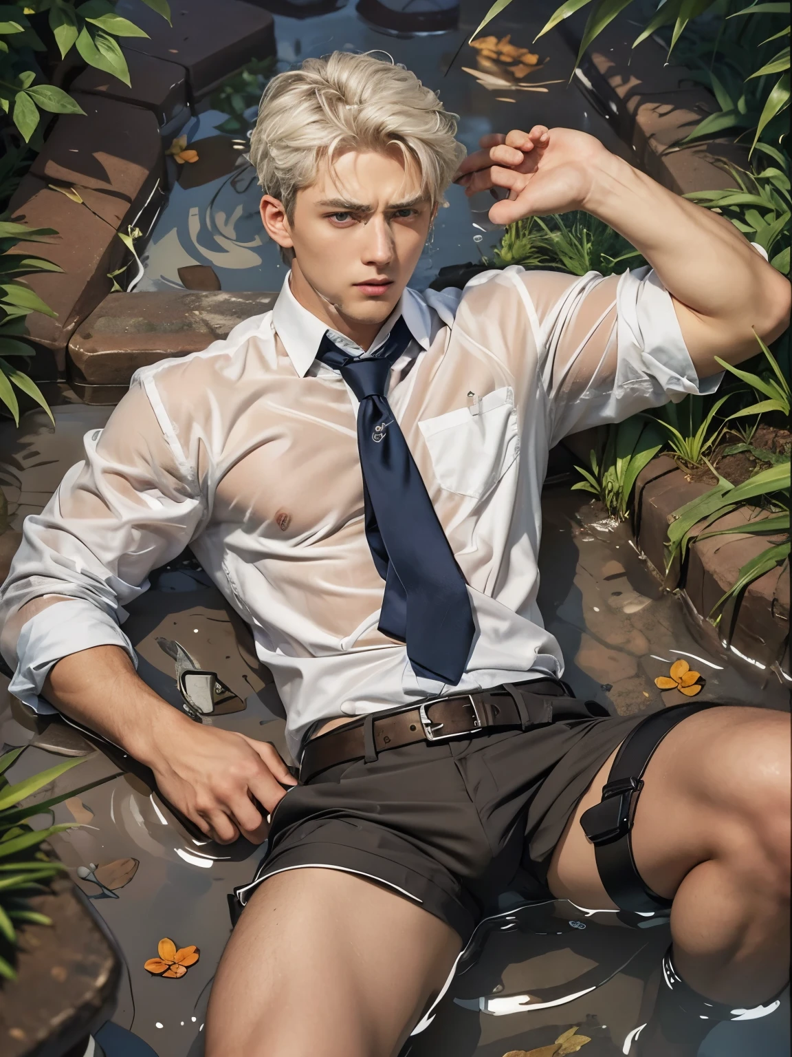 Super Realistic photography, Transparent see through white shirt, pull off shirt,（1 Adult male），A high resolution， Sharp focus， Pixiv masterpiece， （（Complicated details））， highly  detailed， natsuki_subaru，Multi-view upper body，Suit pants view， 1 man，is shy，Pee on the legs，pissing，Urine runs down the thighs，embarressed，exhilarated，is shocked，panicking，worry，A small puddle of their own urine forms around the feet，full bodyesbian，kneels on the ground，Very eager to pee，It's uncomfortable，Wet yourself，Urine discharge， Sweaty crotch，Drenched，rain，The shirt is soaked，（A gesture of pleading），blue color eyes（eyes glowing）， Short gray hair，white  shirt，Wear a tie，Wear a belt，Black suit trousers，perspire，look from down