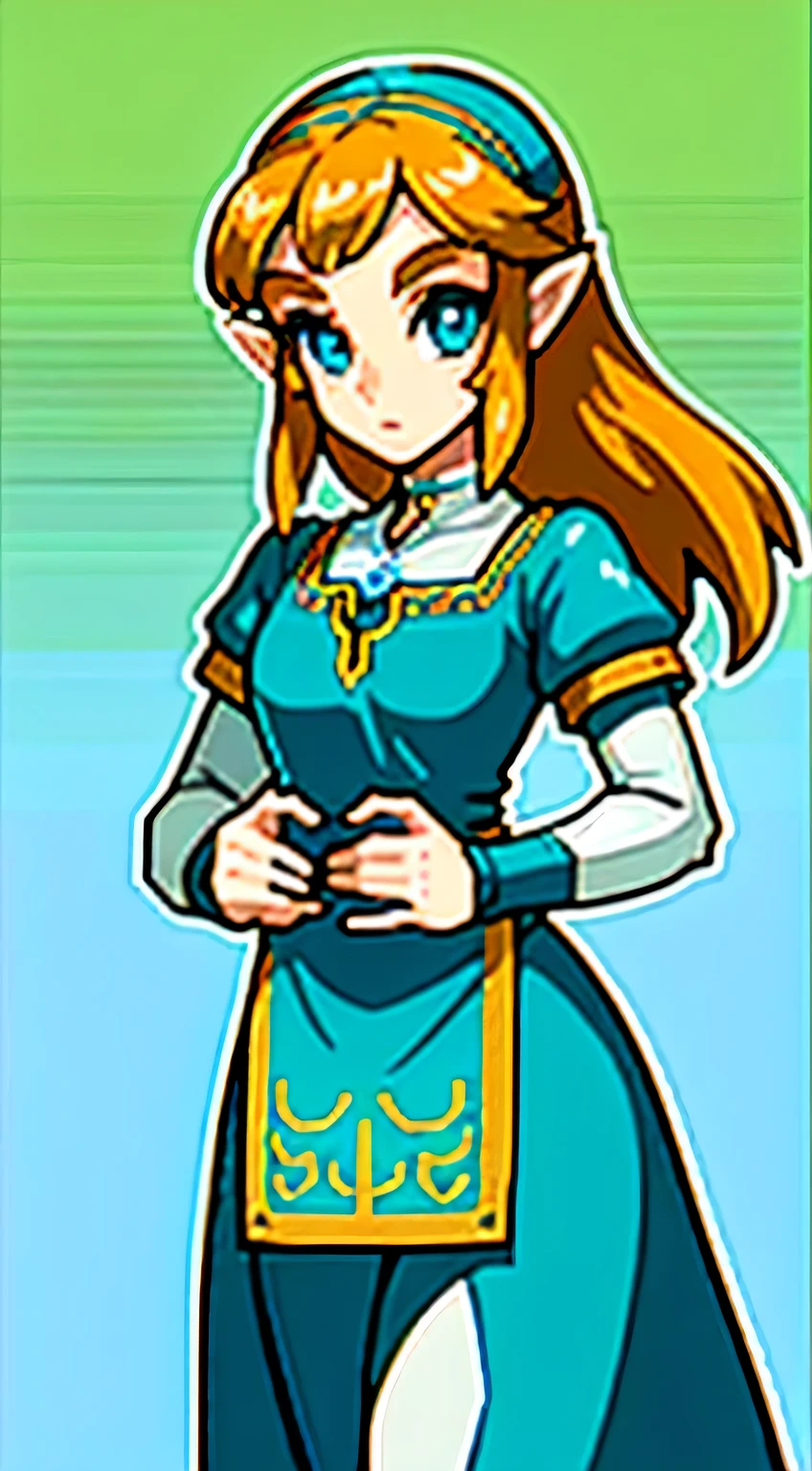 1girl, solo, Princess Zelda, engrossed in the world of The Legend of Zelda: Twilight Princess by Nintendo, best quality masterpiece, intricate details,high definition pixels, gentle expression on her face, captivated eyes focused on the screen, vivid colors, realistic textures, lush forest background, radiating sunlight filtering in from the window, soft shadows casting on her face, authentic Nintendo logo visible on the game console, masterfully rendered graphics of Princess Zelda's iconic red dress, lifelike depiction of Hyrule Castle in the background, immersive atmosphere, steeped in the rich lore of The Legend of Zelda series.
