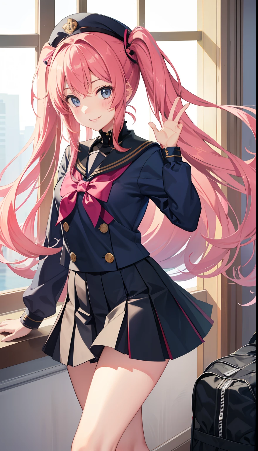 1 girl、smile、pretty girl、high school 、uniform、serafuku、(small breasts)、Portrait from the crotch to the top、