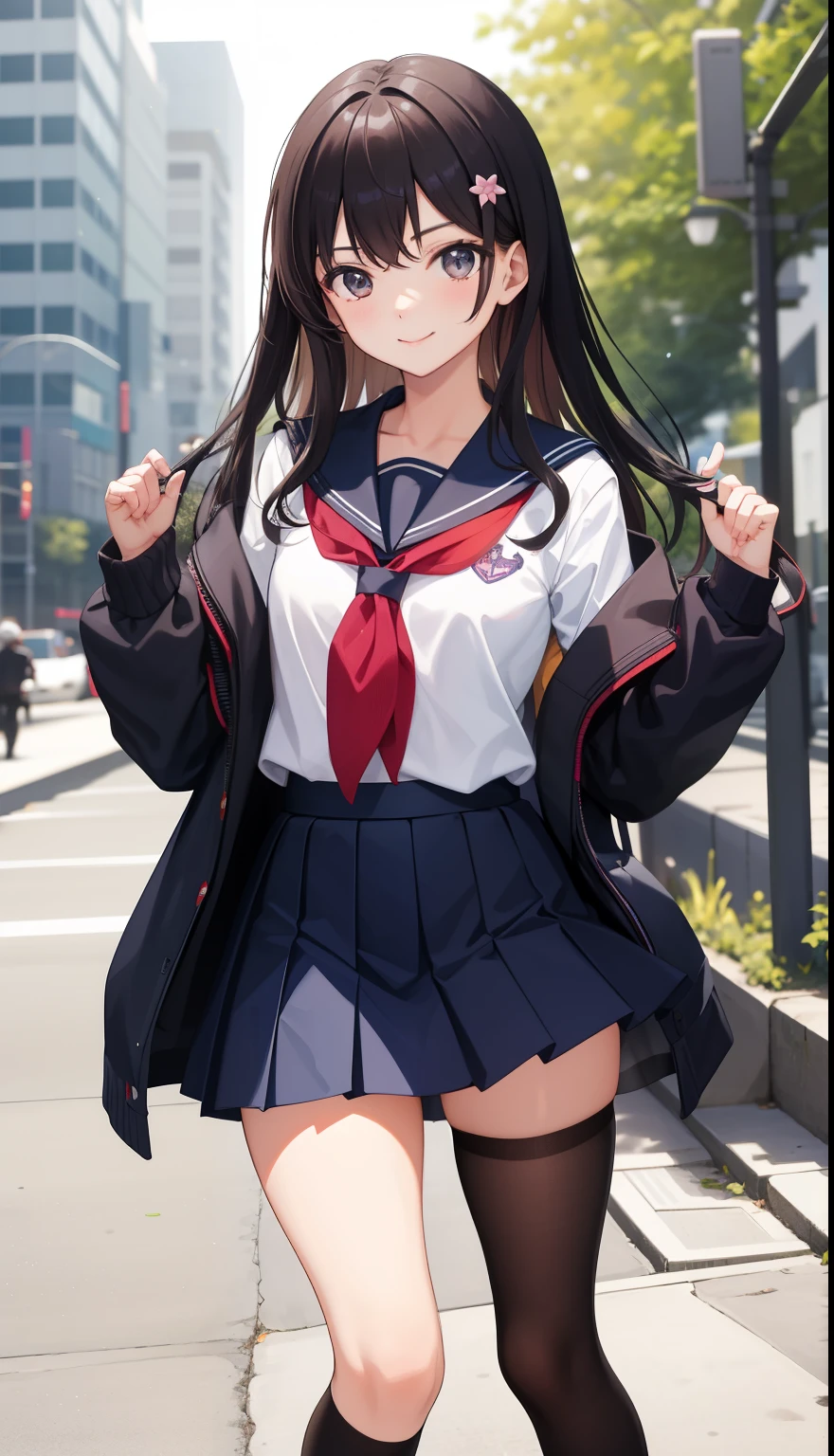 1 girl、smile、pretty girl、high school 、uniform、serafuku、（small breasts）、Portrait from the crotch to the top、