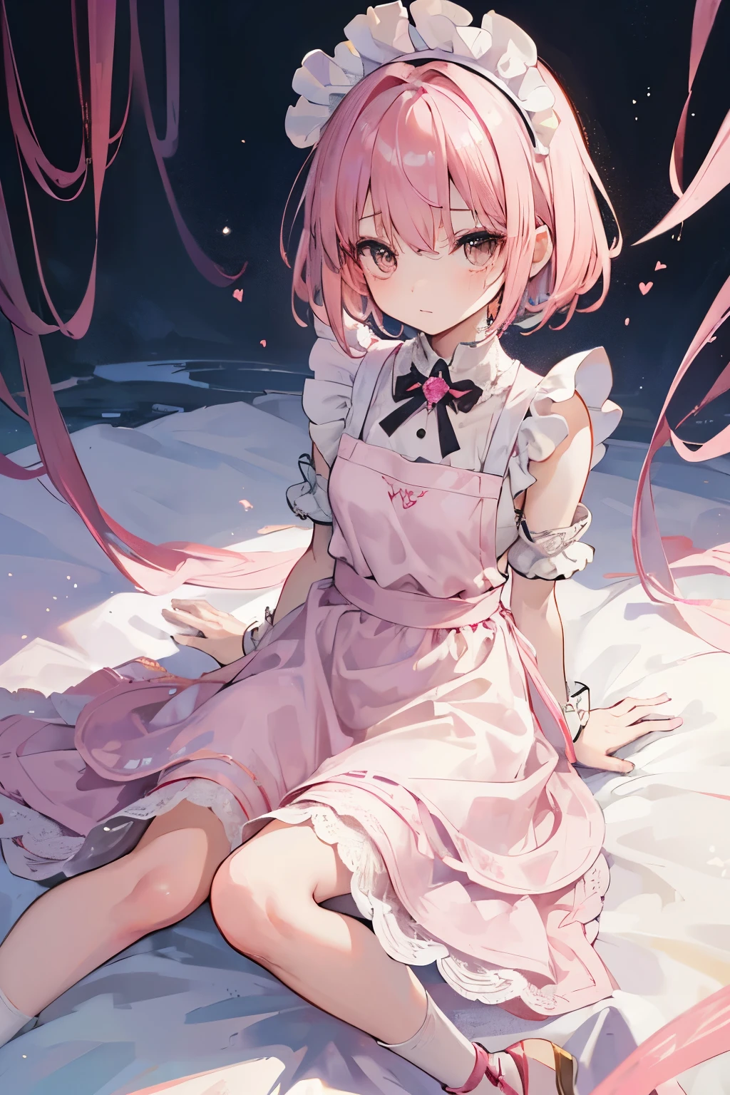 (Little), female (young and innocent), pink hair (short), brown eyes (large, expressive), slender, delicate (body), white maid dress with a pink apron (always seen wearing), specializes in kindness and compassion, offering unwavering support and a gentle touch to everyone, ((fantasy world)), ((maid))