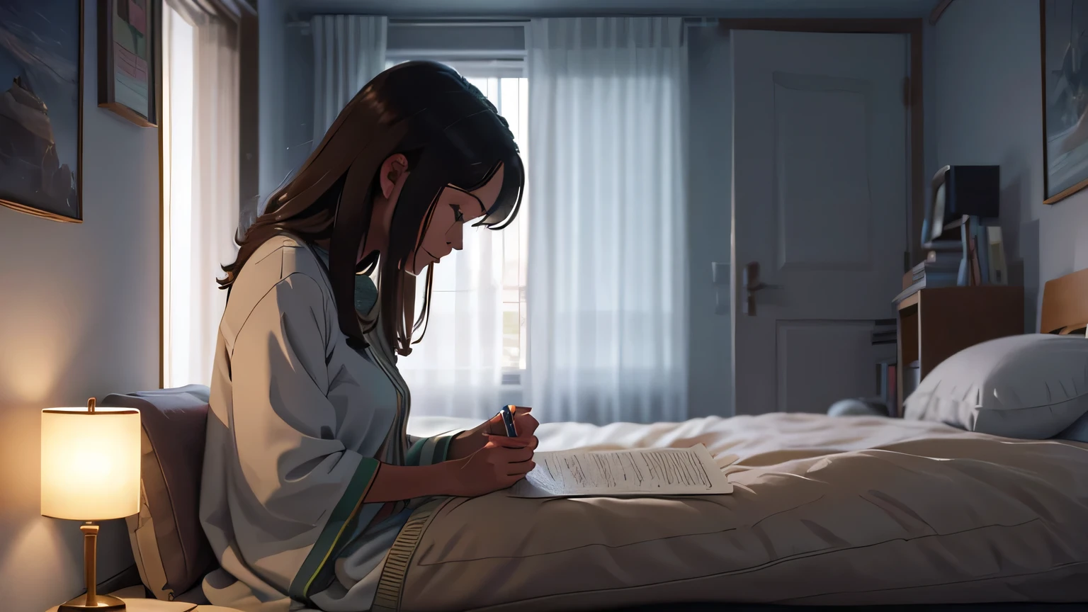 Numa noite tranquila, a girl is sitting in her house, immersed in your own bubble of creativity. She's sitting at her desk, ao lado da janela, com fones de ouvido, perdida em seus pensamentos enquanto escreve em seu caderno. Your faithful canine companion is sleeping at the foot of the bed, while the starry sky shines through the window. A garota&#39;Her bedroom is a reflection of her personality - cozy and comforting, with a touch of Japanese minimalism. Despite some tidy messes, The atmosphere is warm and inviting, with details that convey a feeling of peace. Enquanto escreve, the girl occasionally takes small sips of tea from a cup that is on her desk, adding a touch of warmth to the cold night. Ela olha pela janela de vez em quando, contemplando a beleza tranquila da noite estrelada. Inspiration flows freely as she delves into her inner world, acompanhada apenas pelo suave farfalhar das folhas e pelo ocasional suspiro relaxado de seu cachorro adormecido