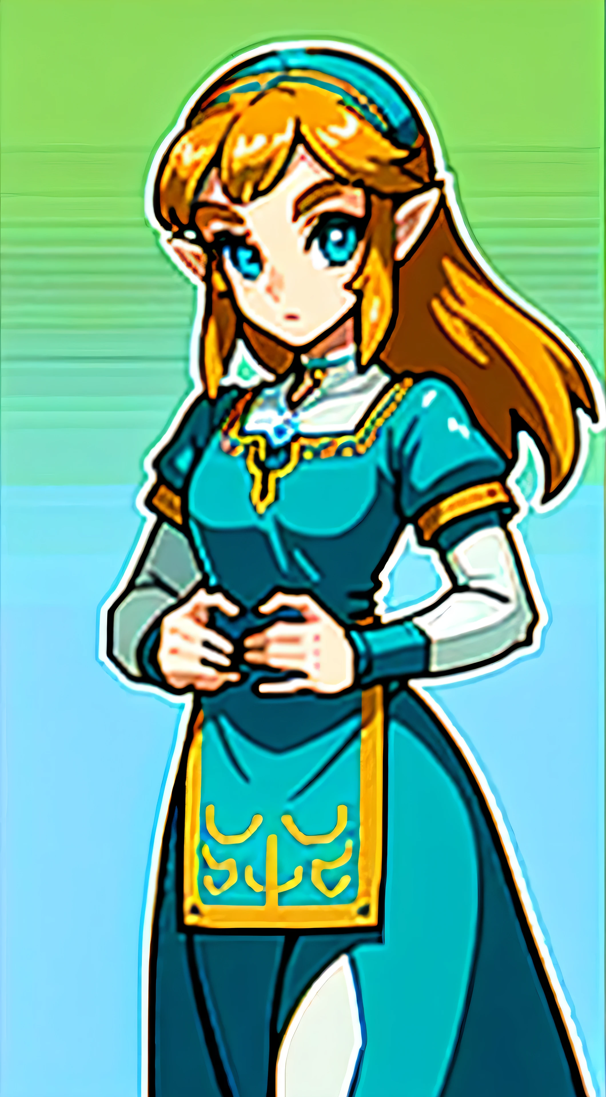 1girl, solo, Princess Zelda, engrossed in the world of The Legend of Zelda: Twilight Princess by Nintendo, best quality masterpiece, intricate details,high definition pixels, gentle expression on her face, captivated eyes focused on the screen, vivid colors, realistic textures, lush forest background, radiating sunlight filtering in from the window, soft shadows casting on her face, authentic Nintendo logo visible on the game console, masterfully rendered graphics of Princess Zelda's iconic red dress, lifelike depiction of Hyrule Castle in the background, immersive atmosphere, steeped in the rich lore of The Legend of Zelda series.