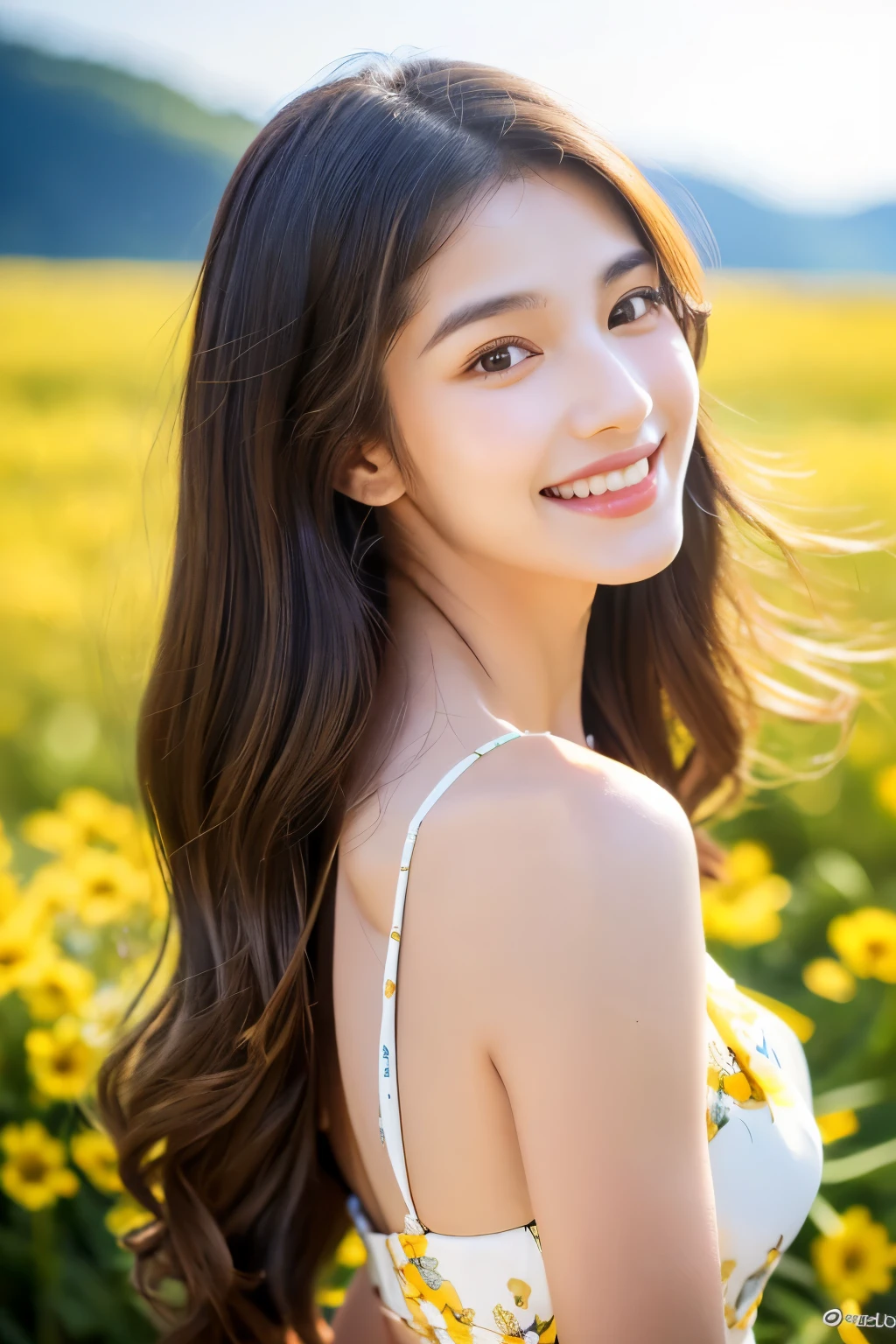 (Beautiful girl_one person),(long hair_dark brown,Bold waves),(pretty face_Clear facial features,smile,White skin,immaculately clear),((costume_Pure white dress(yellow floral pattern)),(whole body_Good ratio),(background_Vast grasslands_wild flower with unknown name),(background_Dazzling sunlight behind the girl's back,warm sunshine),(style_realistic,realistic details),(picture quality_high quality,8K),