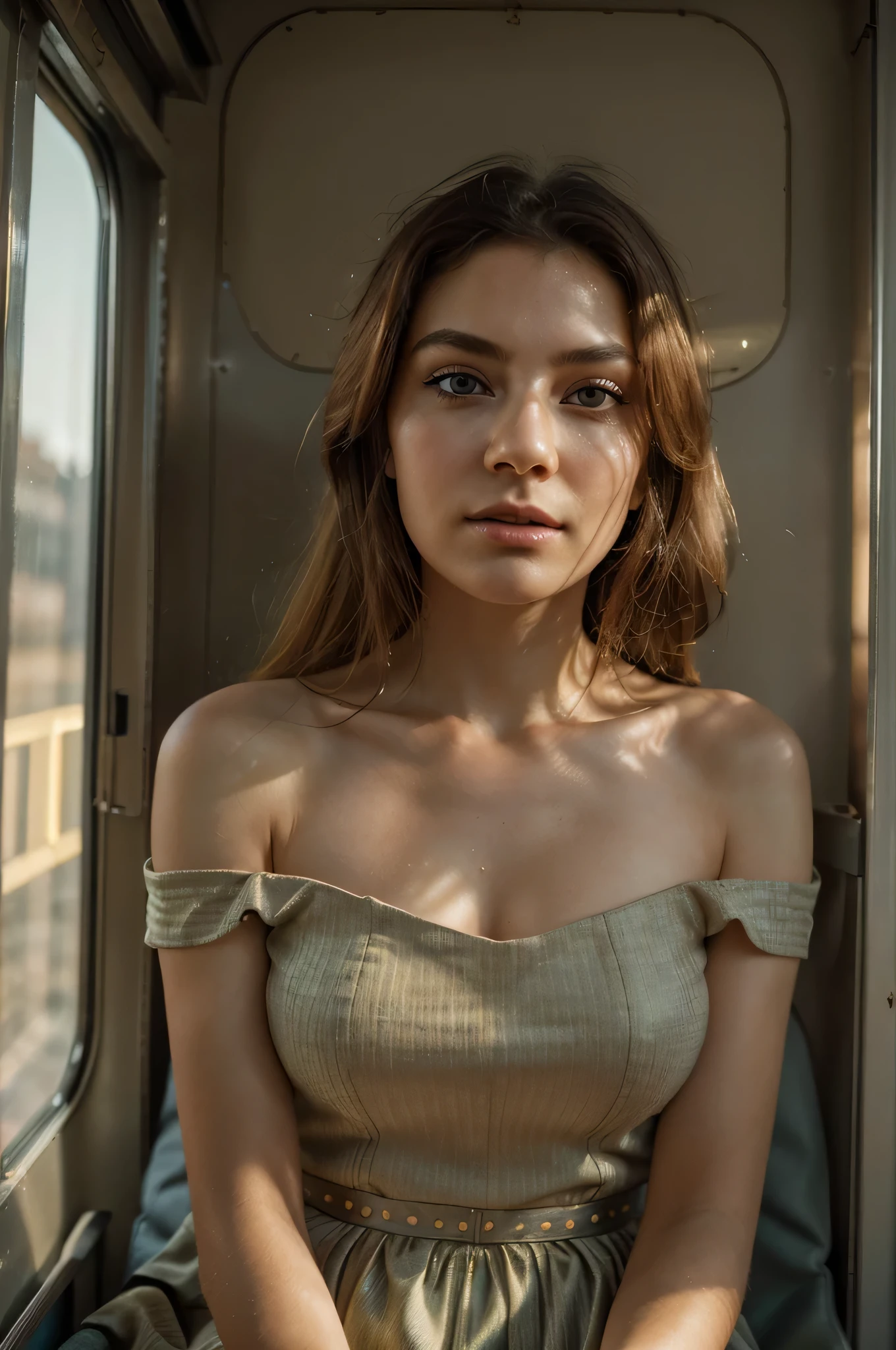 (Best quality, Ultra detailed, Golden ratio, Masterpiece:1.2), Theatrical lighting:0.7, Photo of a woman, dressed in a very elegant and pretty dress, Perfect rare face, (Highly detailed skin), randomly dyed hair, Hide your mouth with your hands、Ridicule, skin texture, Pale skin, shiny skin, (thin, large size:1.2), [:(Sharp focus on rare face, perfect eyes:1.2):0.2], photorealistic, film grain, Put one foot forward、from below looking up、look at camera、Emphasize the shoulders, Focus on face、Stockings、Smile with corners of mouth raised、disdainful expression, summer haze, muted colors, muted warm colors, Photo cinematic portrait of a woman dressed in a striped dress sitting by the window in the early morning, cinematic, (tilted:1.3) (on an old train) look cautious, standing under a spotlight, volumetric dust clouds, key light, backlight, soft natural lighting, photography Film grain ISO 400 30 mm lens RAW f1.8 aperture, highly detailed (analog photography:1), colors hdr