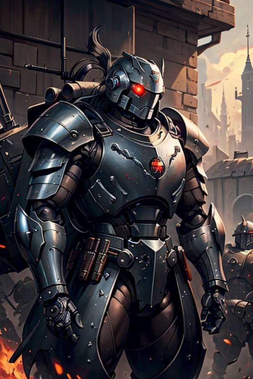 machine, automaton, military, heavy armor, one eye, monocular eye, one circular eye, robot, heavily armor, helmet, soldier, communist, solo, simple background, humanoid, Russian, tank, heavy gun, soviet, robot
