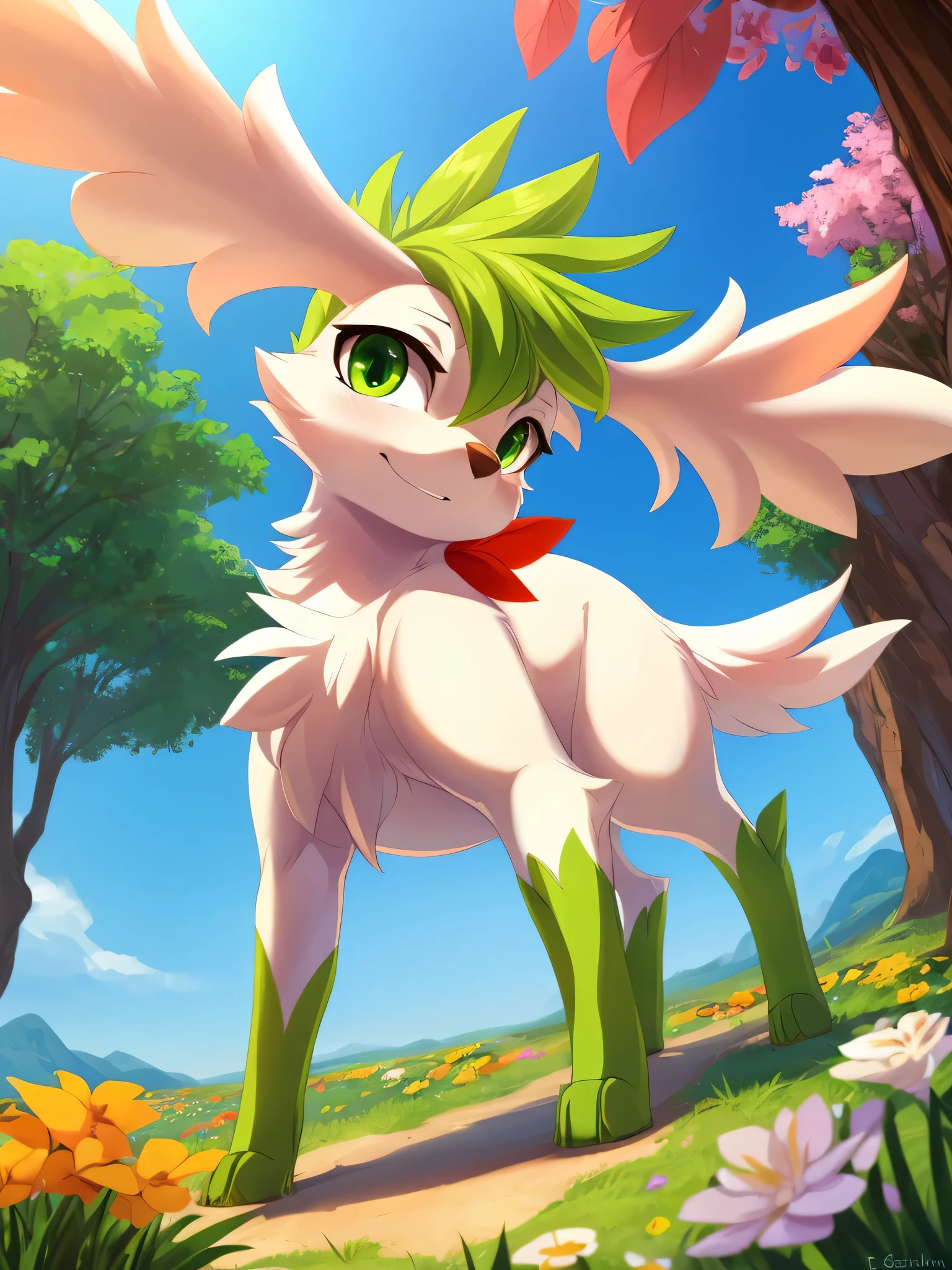 by Issac Levitan, by Rumiko Takahashi, by Ephraim Moses Lilien, by Hioshiru, by Glacierclear, solo chibi, (quadruped feral:1.4), female, ((shaymin sky)) with ((white body)) and ((clear orange green eyes)), (detailed shaymin sky), ((detailed fluffy fur)), (three-quarter portrait, looking at viewer, three-quarter view, [low-angle view]:1.2), BREAK, (detailed background, depth of field, half body shadow, ambient light on the body), (intricate:0.7), (high detail:1.2), (unreal engine:1.3), (soft focus:1.1), [explicit content, questionable content], (masterpiece, best quality, 4k, 2k, shaded, absurd res), portrait, sunny day, clear sky, in flower garden,  4 foot