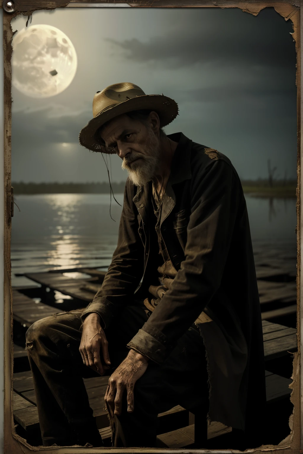 A captivating, eerie cinematic poster in a grimdark art style, featuring a massive, thin skeletal man, missing his left eye, seated on a weathered, decaying box on an old, broken-down dock. The man plays a banjo, meticulously crafted from old driftwood that is slowly disintegrating, its strings creaking ominously with each pluck. The man's tattered clothes hang off his gaunt frame, and his torn straw hat adds to the desolate atmosphere. His skin, darker than the surrounding moonlit atmosphere, appears to be crumbling away, giving the impression of something long dead yet still alive. The dense swamp and wildlife in
