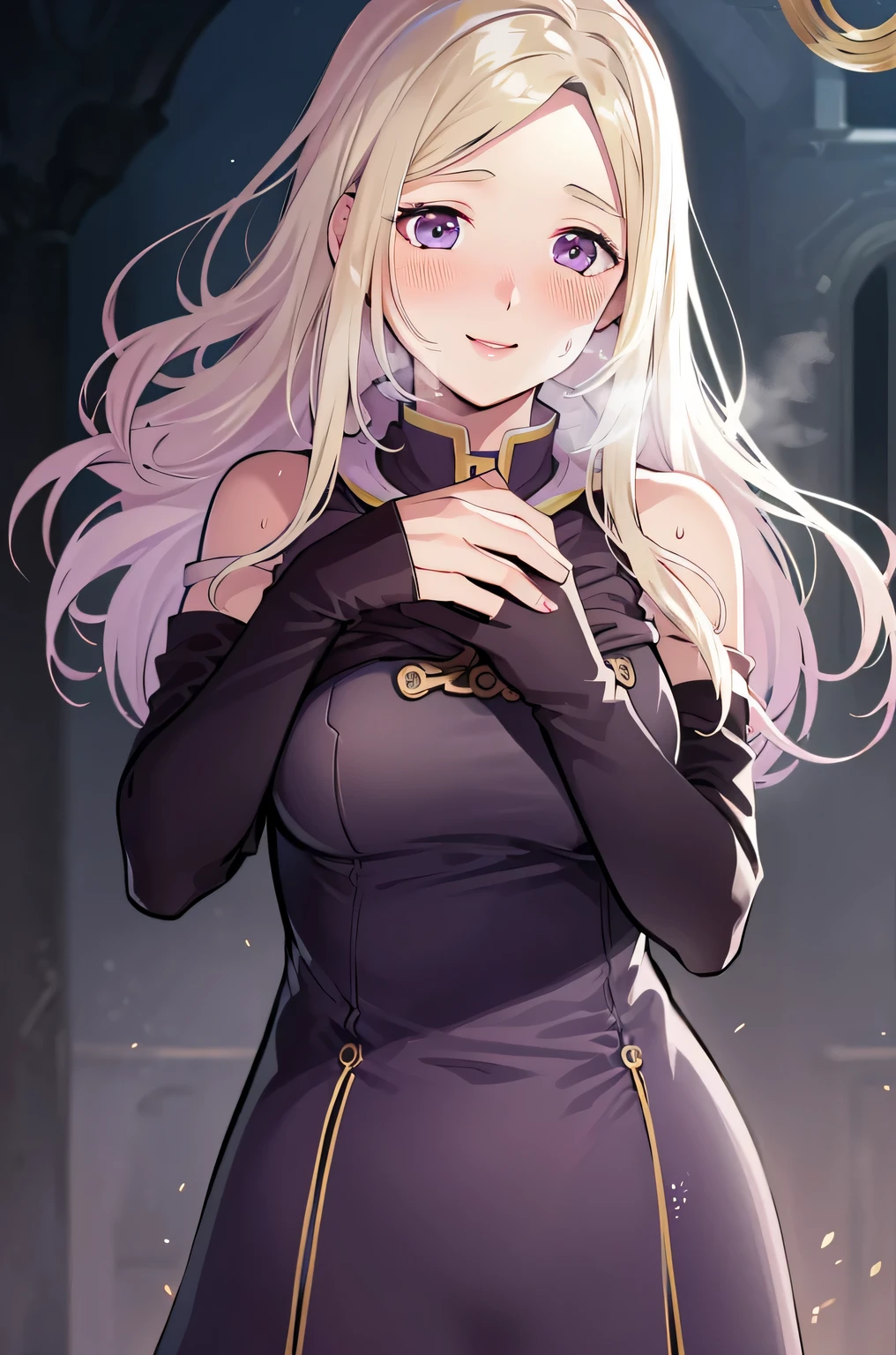 1girl,fingernails,hands on own face,white hair,purple eyes,(blush:1.1,upper body,trembling,sweat,sweatdrop,(speed lines:1.1), ((heavy breathing:1.3)), happy, smile