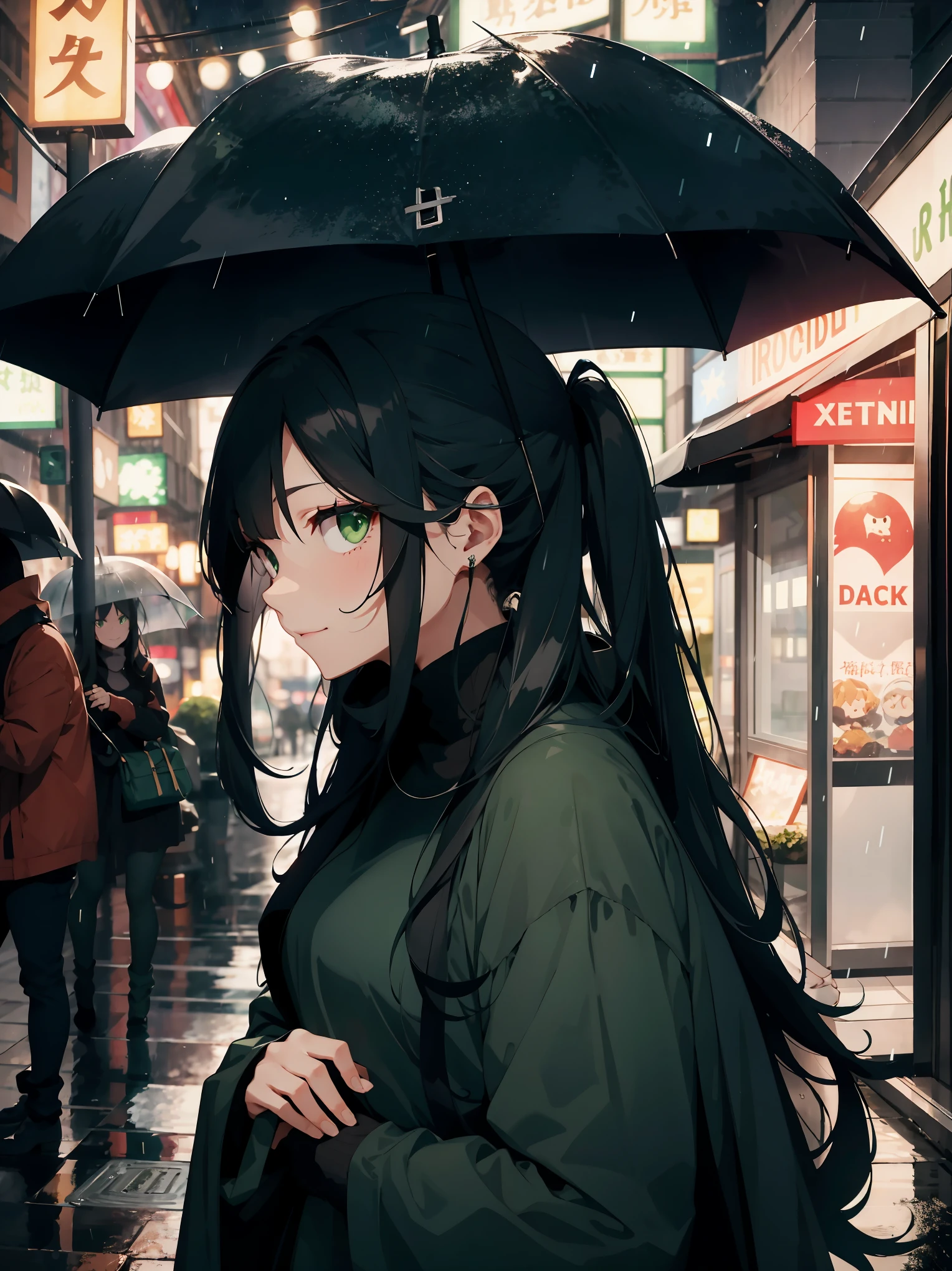 Beautiful woman in a black turtleneck sitting with an umbrella outside a fancy restaurant, dark green long hair, night, it's raining, dark green, evilい女の子, evil, cute liz smile, depth is filled