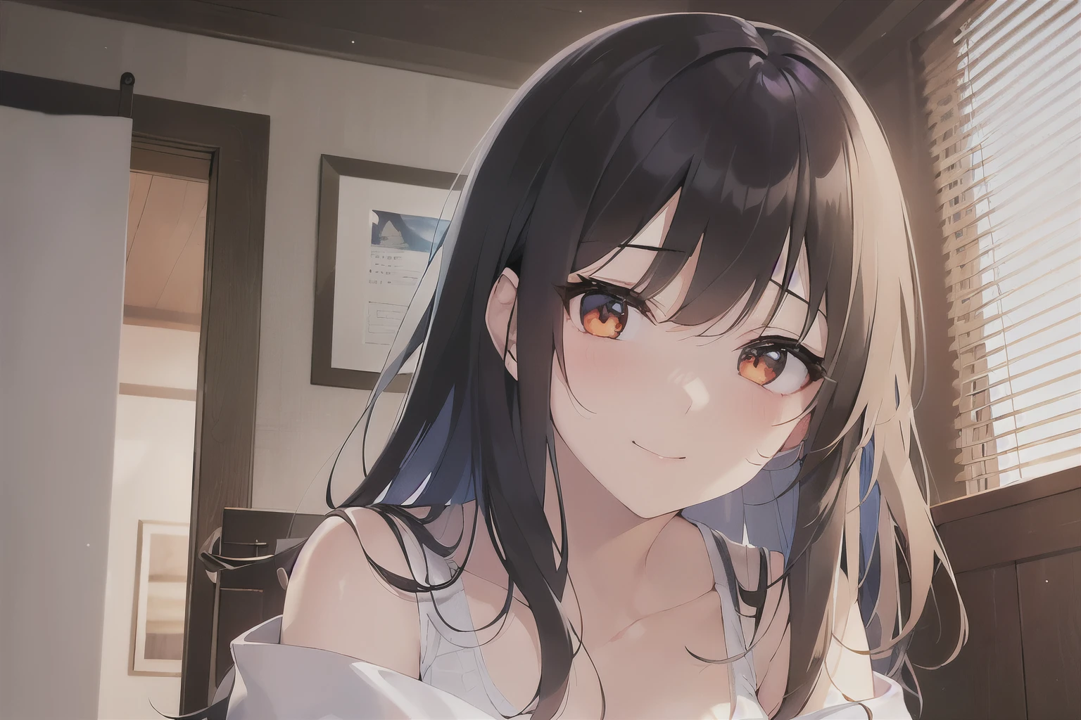 lookin up、Upper Body, Realistic, real person, (pale skin: 1.2), RAW shiny skin, japanese idol、shiny hair、(25 year old woman with medium hair with bangs) and (wavy hair) and (brown hair) and (orange eyes) , (white) and (off shoulder blouse) 、(embarrassed:1.3)、smile, The background is the living room、Alone、Are standing