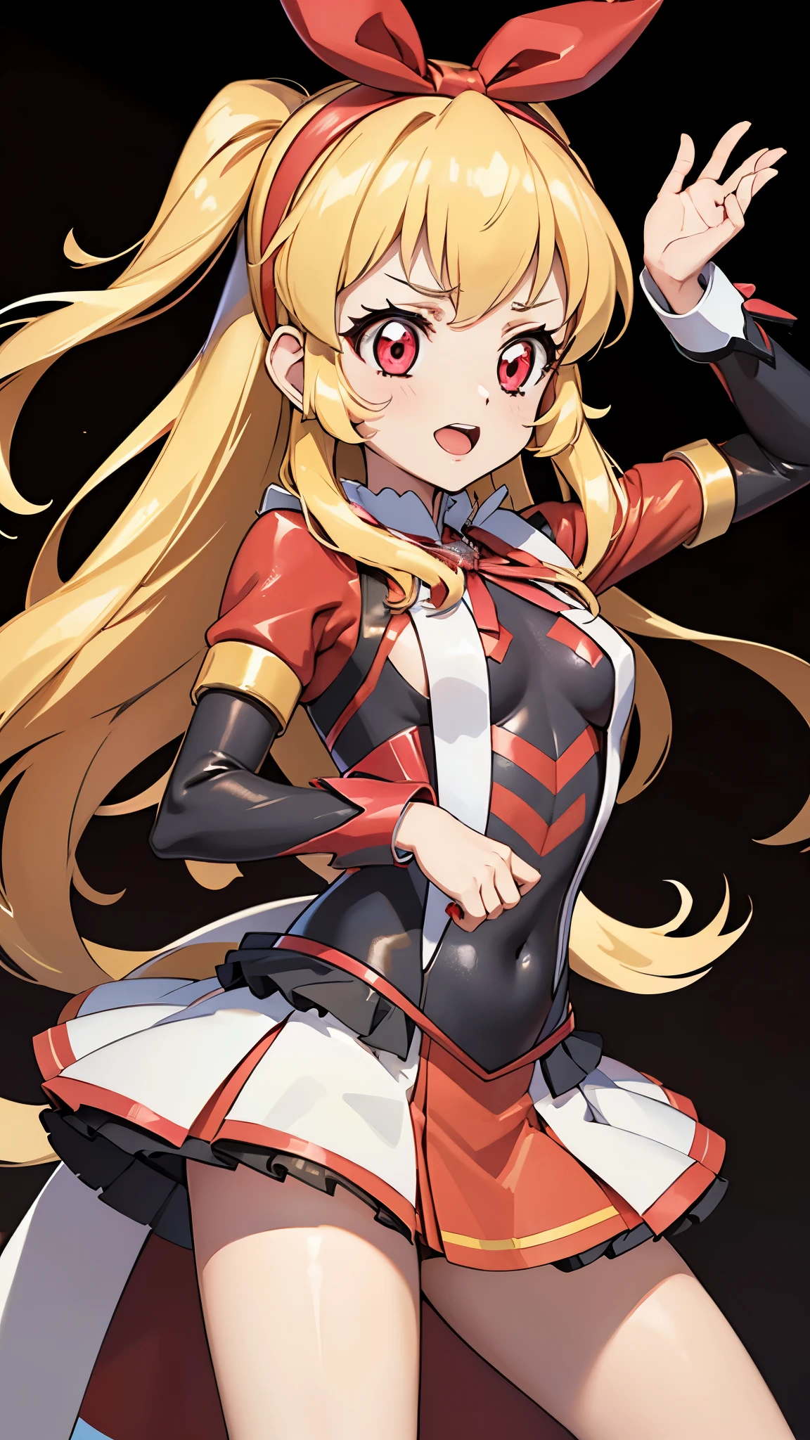 (RED Ribbon on HAIRband:1.2),aikatsu,1 girls,in senki zesshou symphogear style , Blonde long hair, cat hair,    ,black and pink battle suit,BREAK,ultra-definition, high resolution, ultra-detail CG,caustics, Live stage, in front of super large vision, singing, stand microphone ,