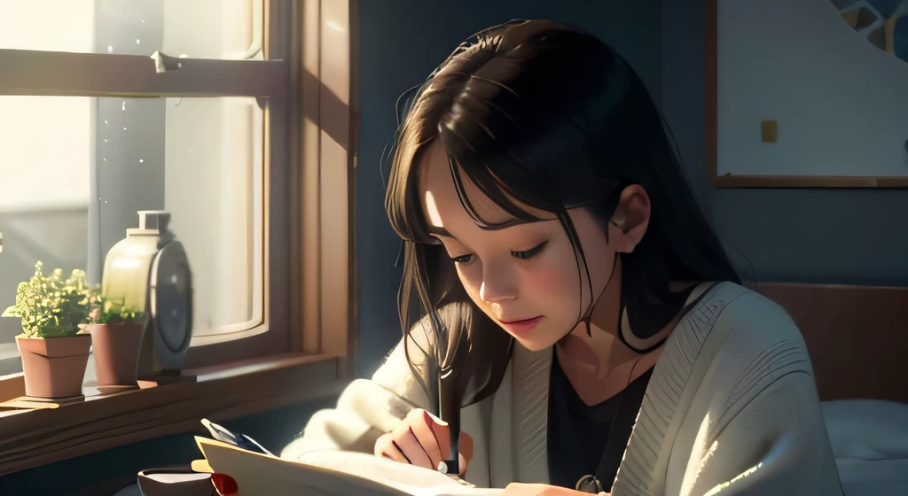 Em uma noite estrelada, a girl writes in her notebook while her dog sleeps at the foot of the bed. ao lado da janela, She looks up at the starry sky, immersed in your own creative bubble. seu quarto, com toques minimalistas japoneses, aconchegante e tranquilo. Na mesa ao lado dela, a cup of hot tea accompanies her as she lets herself be carried away by inspiration.