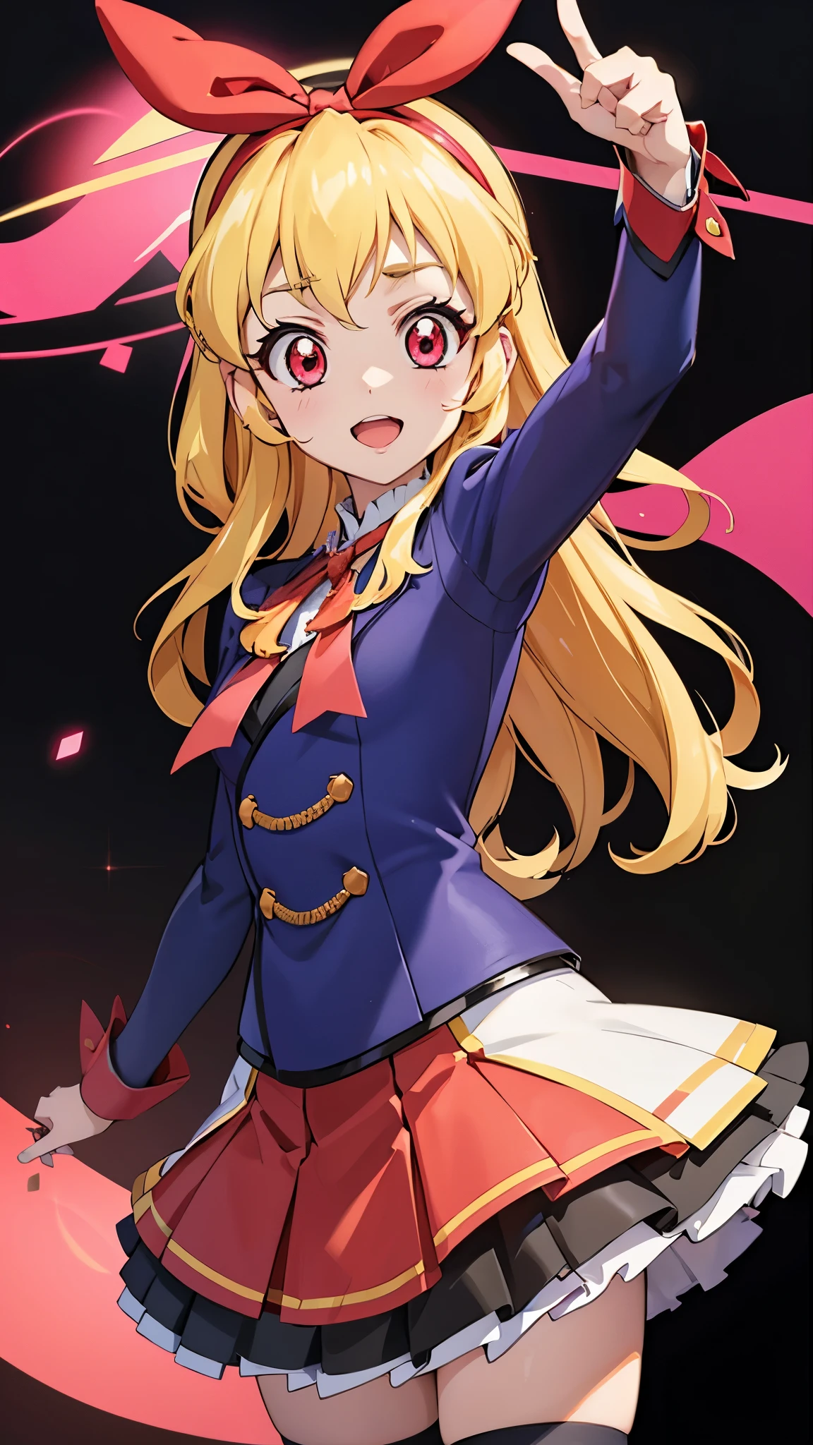 (RED Ribbon on HAIRband:1.2),aikatsu,1 girls,in senki zesshou symphogear style , Blonde long hair, cat hair,    ,black and pink battle suit,BREAK,ultra-definition, high resolution, ultra-detail CG,caustics, Live stage, in front of super large vision, singing, stand microphone ,