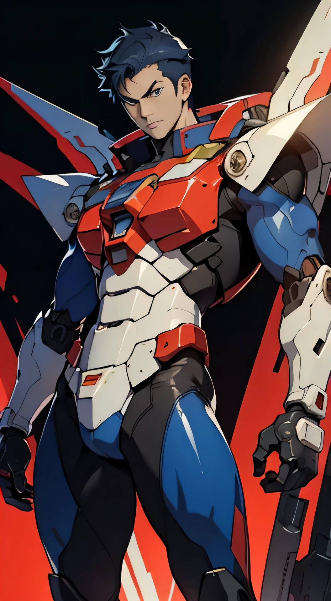 Robot, one-piece style:
masterpiece, high resolution, intricately detailed, designed by Shunji Iwahara, (metal body:1.2), sleek and shiny surface, exposed wires and mechanical components, expressionless face, piercing blue eyes, large and rigid hands, tight and form-fitting red and blue one-piece body suit, symbol of the Gundam series, pose struck confidently, standing tall and proud, showcasing powerful legs and broad shoulders, imposing figure, captivating presence.
