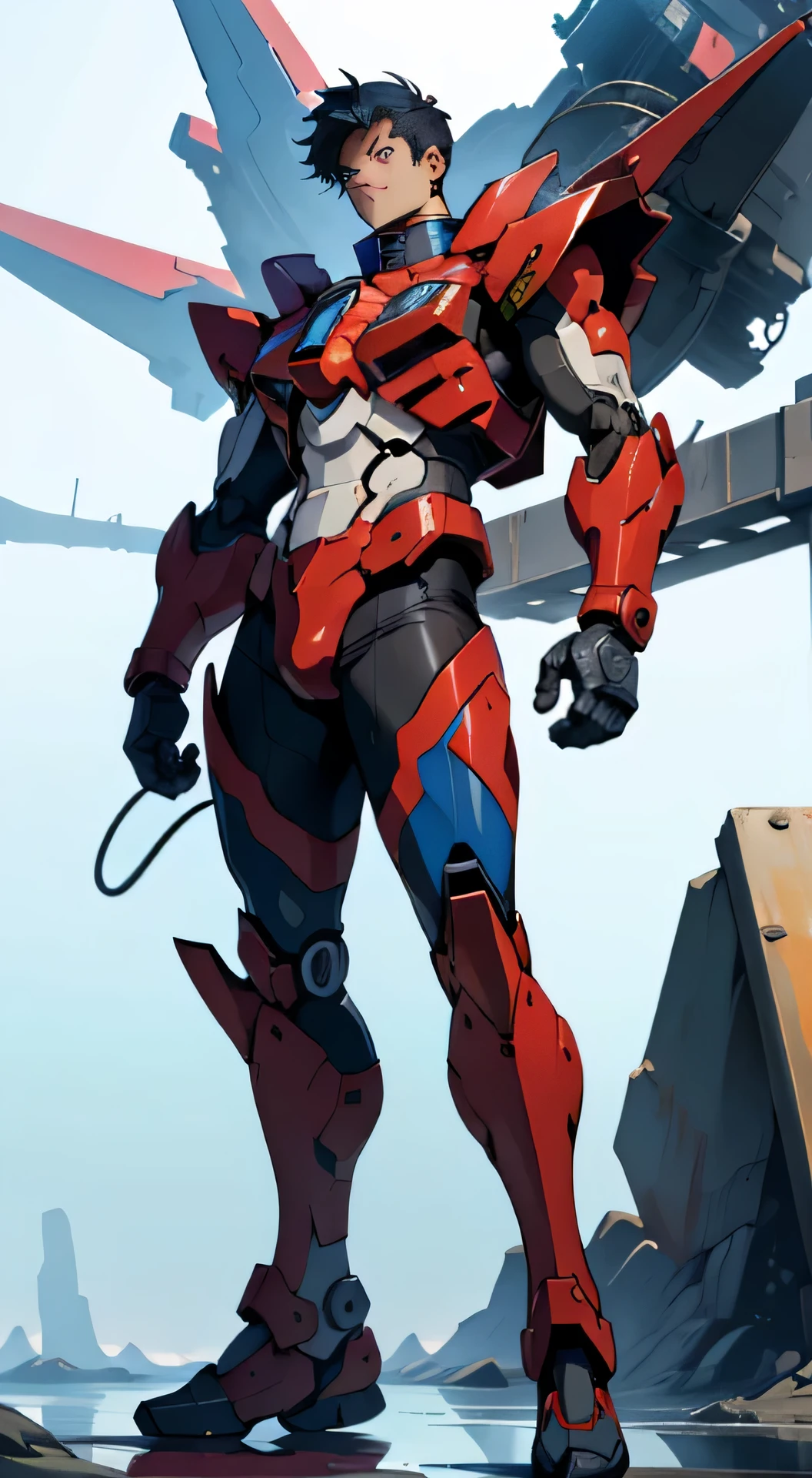 Robot, one-piece style:
 masterpiece, high resolution, intricately detailed, designed by Shunji Iwahara, (metal body:1.2), sleek and shiny surface, exposed wires and mechanical components, expressionless face, piercing blue eyes, large and rigid hands, tight and form-fitting red and blue one-piece body suit, symbol of the Gundam series, pose struck confidently, standing tall and proud, showcasing powerful legs and broad shoulders, imposing figure, captivating presence.