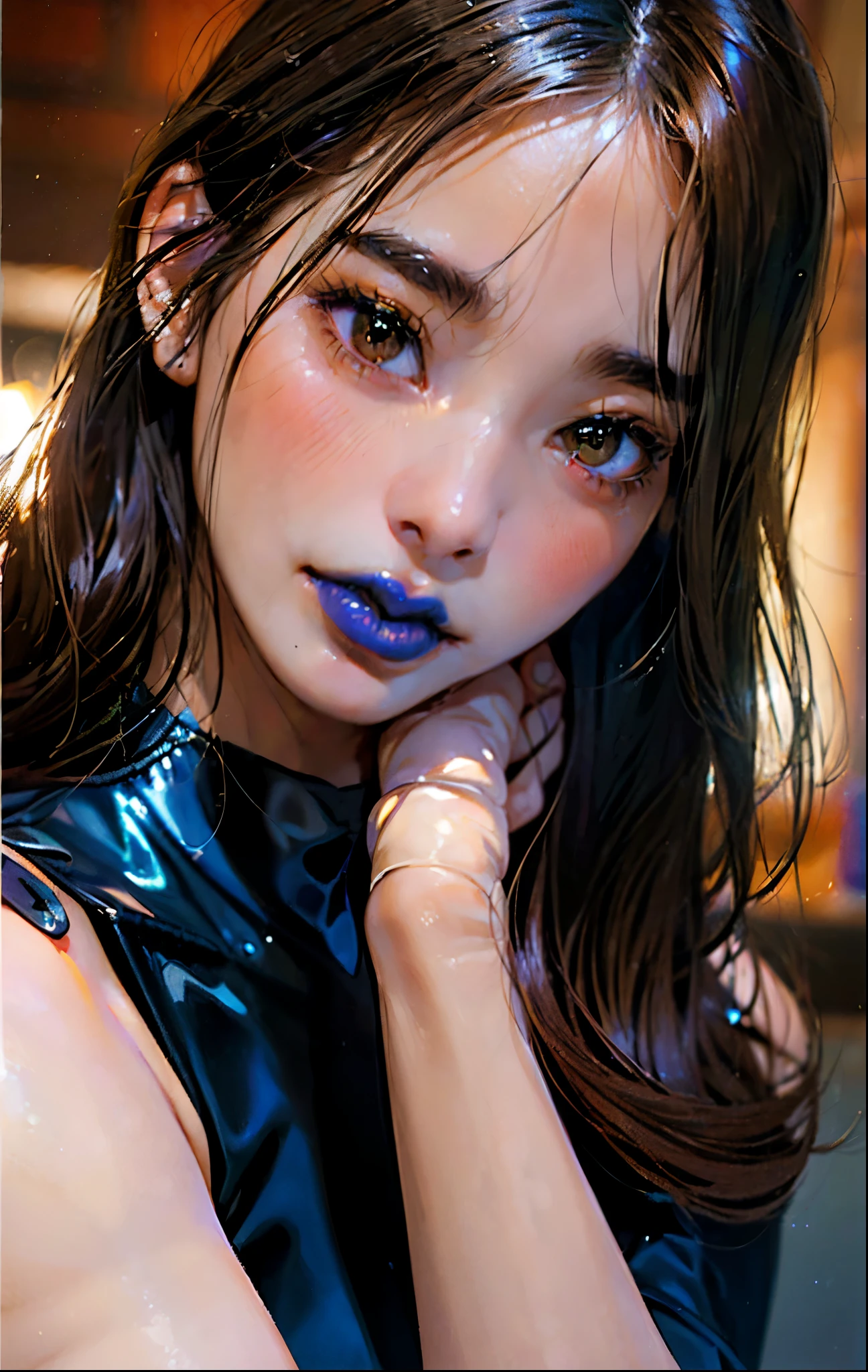 PM, (Purple Latex Suit:1), Golden Fringe Shorthair, Light brown eyes, (Japanese girl),1girl in, 27yr old, Innocence, (Photorealsitic),(top-quality:1.4), (超A high resolution:1.2), 超A high resolution, (A detailed eye), (detailed facial features), nfsw, 8k resolution, (lensflare:0.7),Colossal tits,(bushy eyebrows),straight eyebrows,low eyebrows,(thick lips:1.3),(glossy lips:1.3),(lipstick,blue lips:1.2),(blush),black hair,(brown eyes), wide forhead,nude,