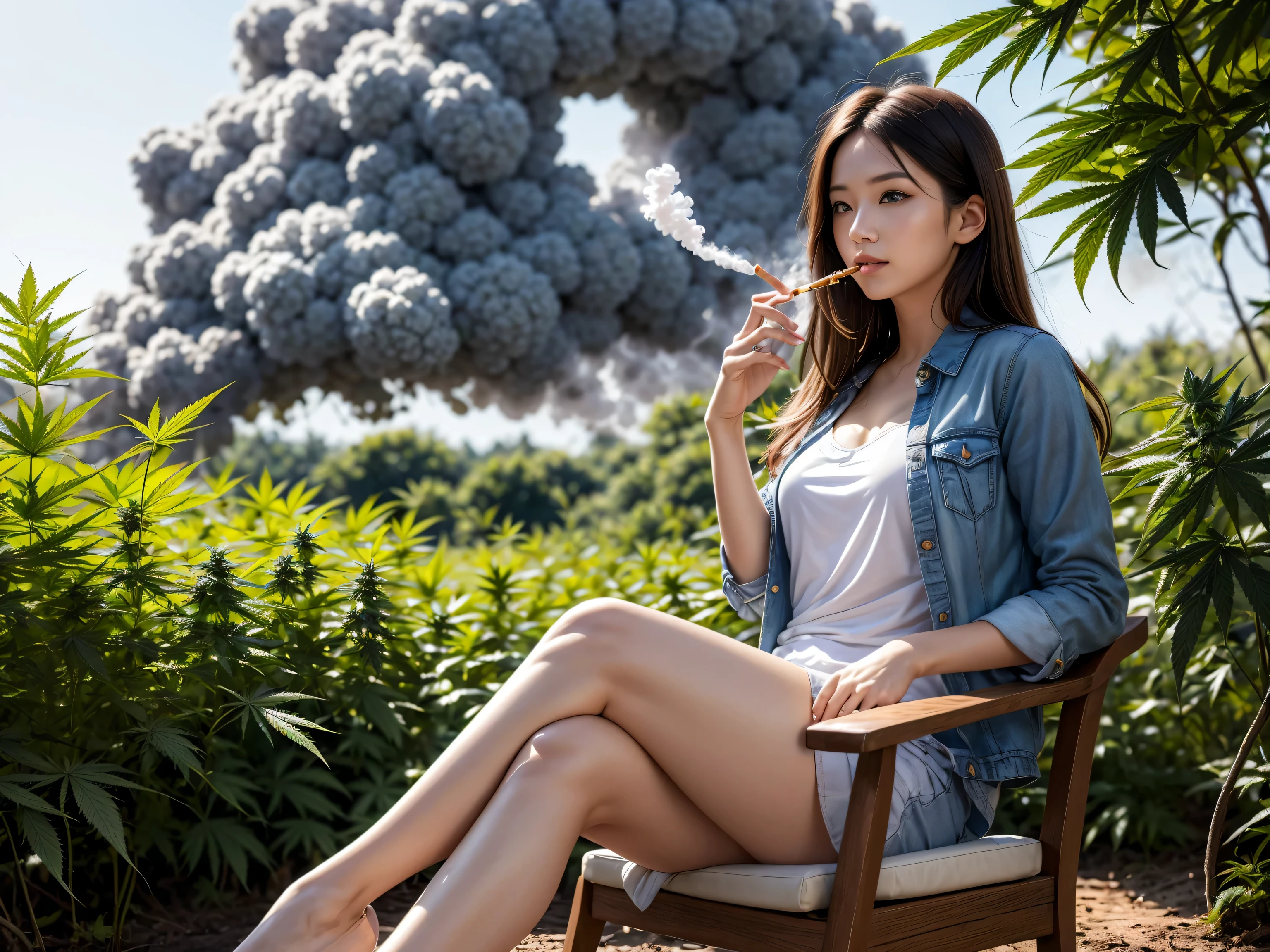 (Highest resolution),((the most absurd quality)),(masterpiece),((sharp focus)),((最high quality)),(photorealistic),(hyper realistic),(smiling atmosphere),((a lot of smoke in my immediate surroundings:1.4)) the small room, a girl sitting in an armchair ((holding a big smoking joint:1.43)),(large plantations with ripe marijuana cocoons visible in the background:1.44), space of smoky dreams ----s 700 ------q 3 -----v 5.1