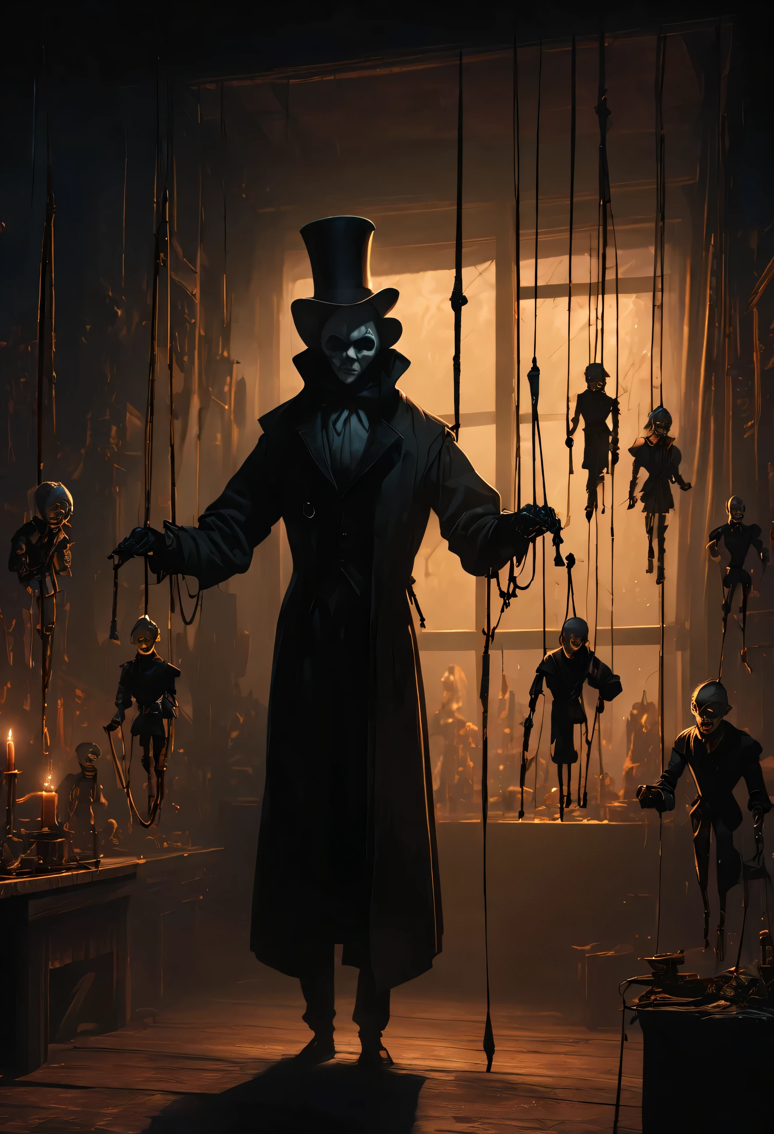 (16k masterpiece, best quality, anime illustration:1.2) marionettist, standing, dark, misty, candlelit workshop, wearing a long overcoat, top hat, white face, gaunt appearance, cadaverous, moonlight streams, huge window, backlighting, illuminating, marionettes hanging from strings, volumetric lighting, absurdres, 